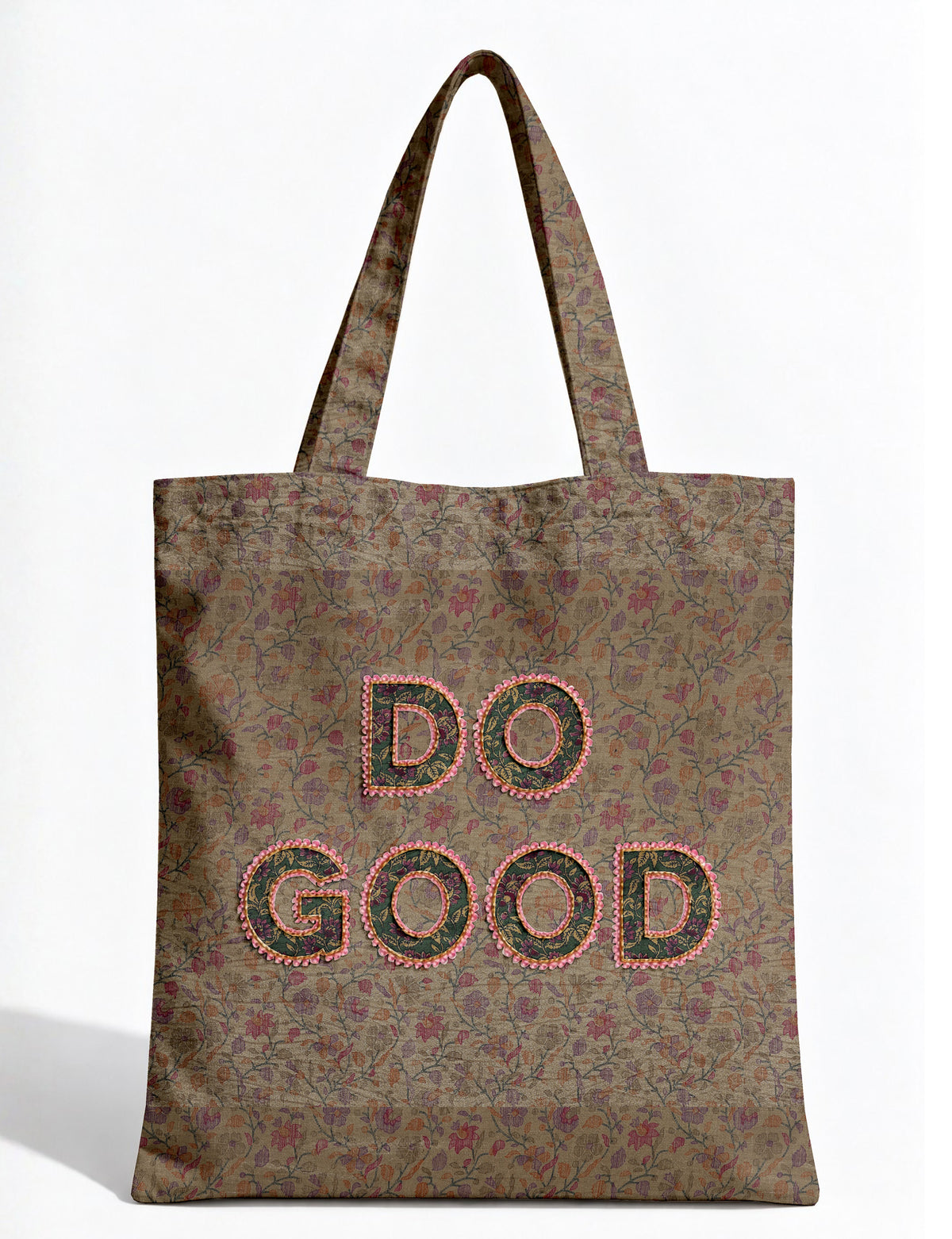 DO GOOD tote bag featuring contrasting sari fabric appliqué lettering, double shoulder straps, soft construction and an internal slip pocket with piping detail.