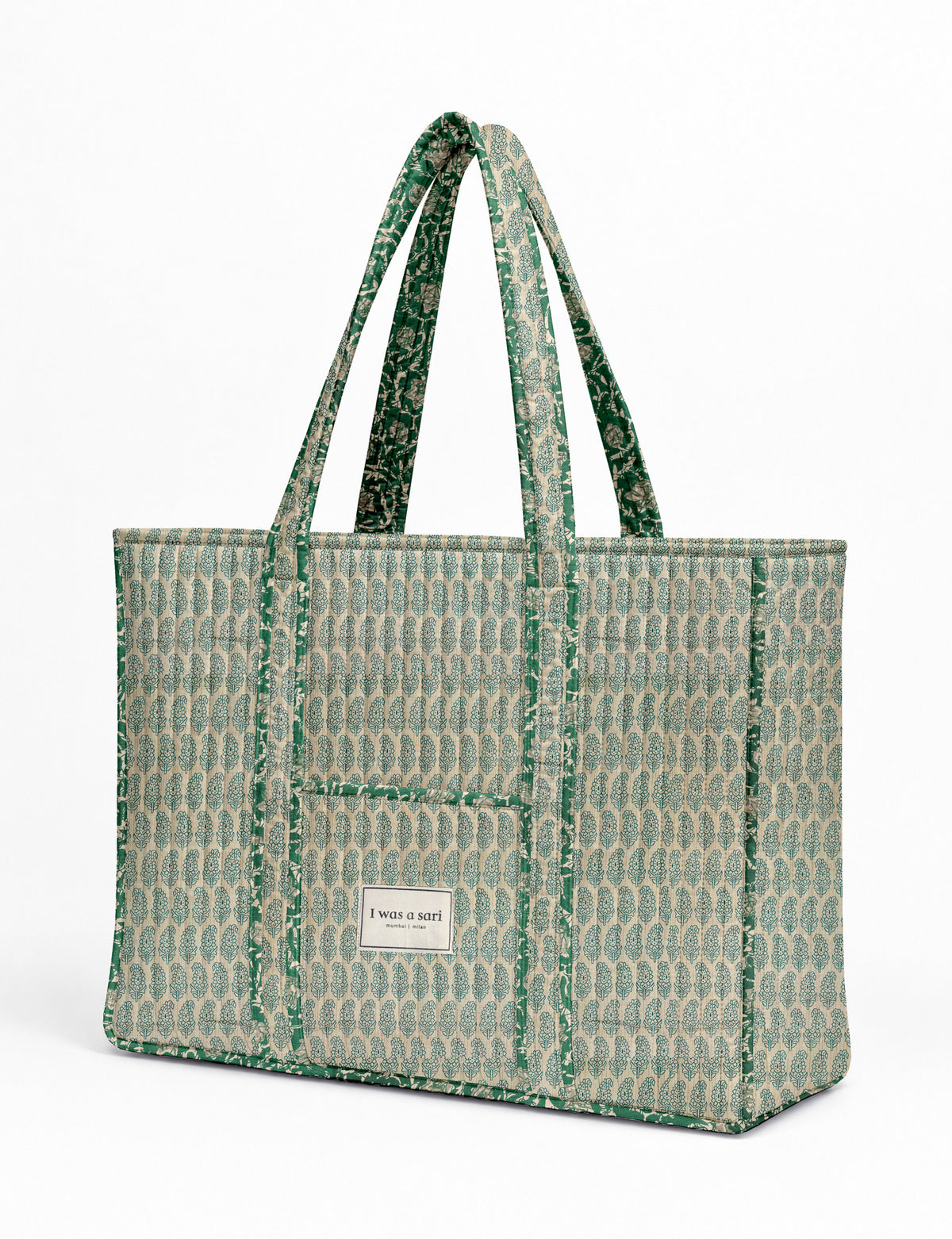 Quilted work tote bag with structured rectangular design and long shoulder straps, representing slow fashion and ethical clothing ideals, made as part of upcycled women's clothing and sustainable women's clothing using recycled fashion and earth friendly clothing practices.