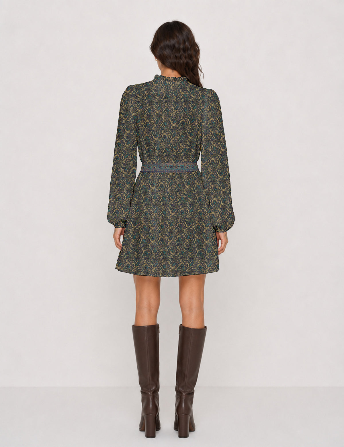 Swing dress with belt - Yellow Floral - Beige Paisley