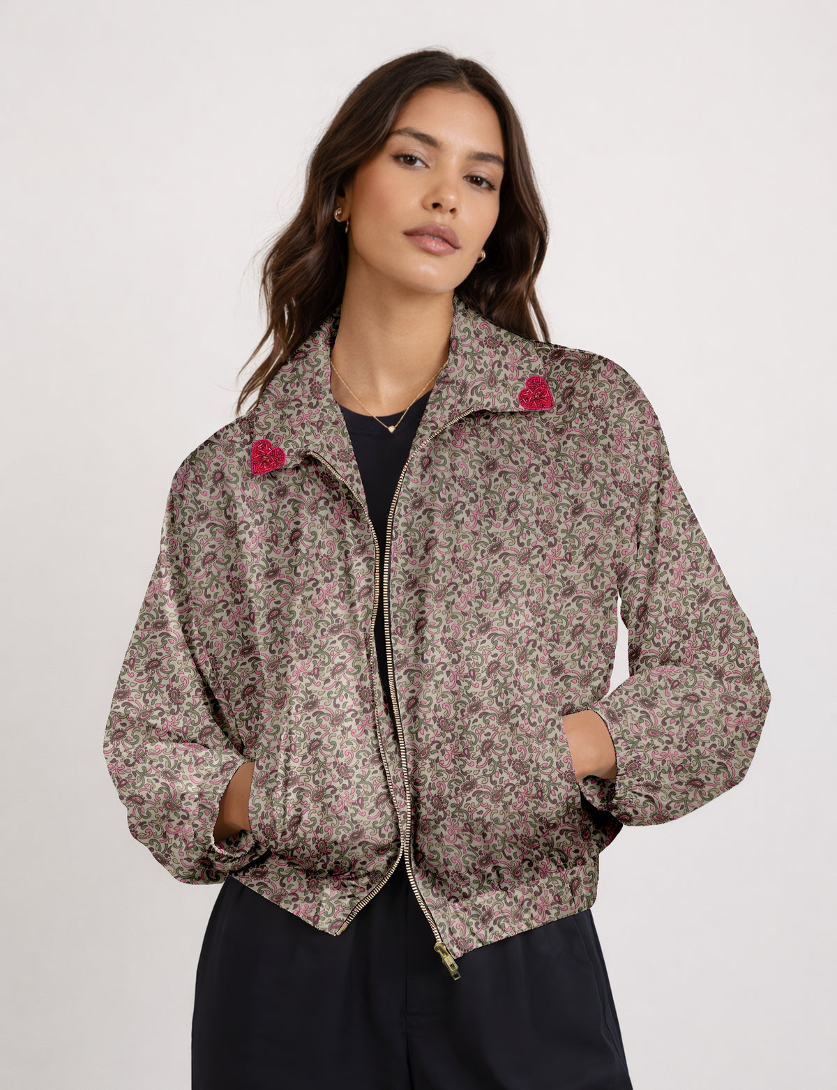 Love Bomber Jacket made from recycled fabric, featuring hand-stitched Aari embroidery. A unique piece of zero-waste clothing, part of the circular fashion movement. Designed with upcycled materials for a stylish yet environmentally friendly clothing choice.