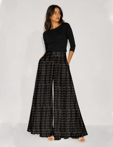 Wide Leg Palazzo Trousers - Black Tropical