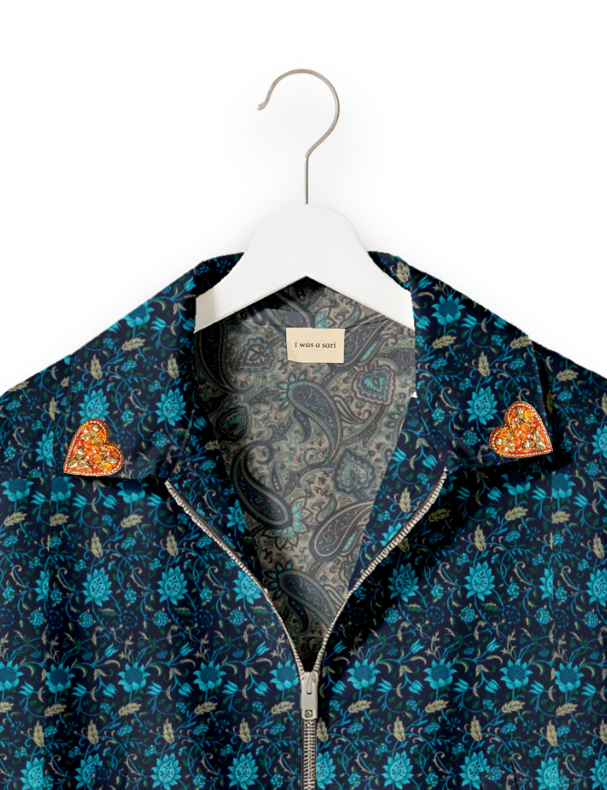 Love Bomber Jacket made from recycled fabric, featuring hand-stitched Aari embroidery. A unique piece of zero-waste clothing, part of the circular fashion movement. Designed with upcycled materials for a stylish yet environmentally friendly clothing choice.