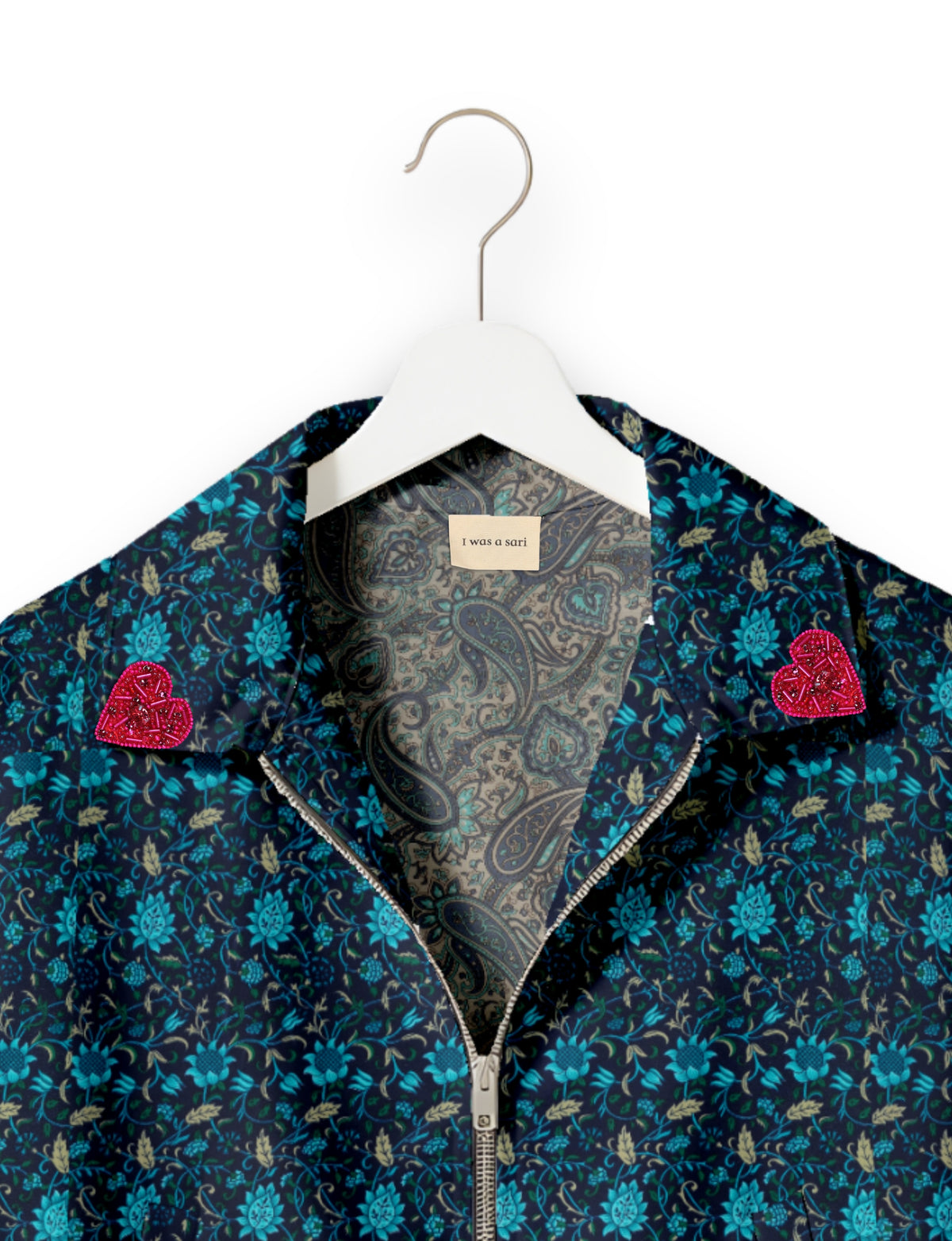 Love Bomber Jacket made from recycled fabric, featuring hand-stitched Aari embroidery. A unique piece of zero-waste clothing, part of the circular fashion movement. Designed with upcycled materials for a stylish yet environmentally friendly clothing choice.
