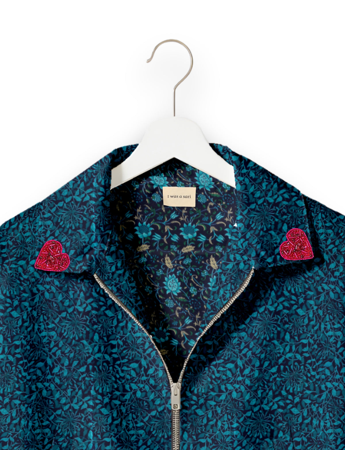 Love Bomber Jacket made from recycled fabric, featuring hand-stitched Aari embroidery. A unique piece of zero-waste clothing, part of the circular fashion movement. Designed with upcycled materials for a stylish yet environmentally friendly clothing choice.