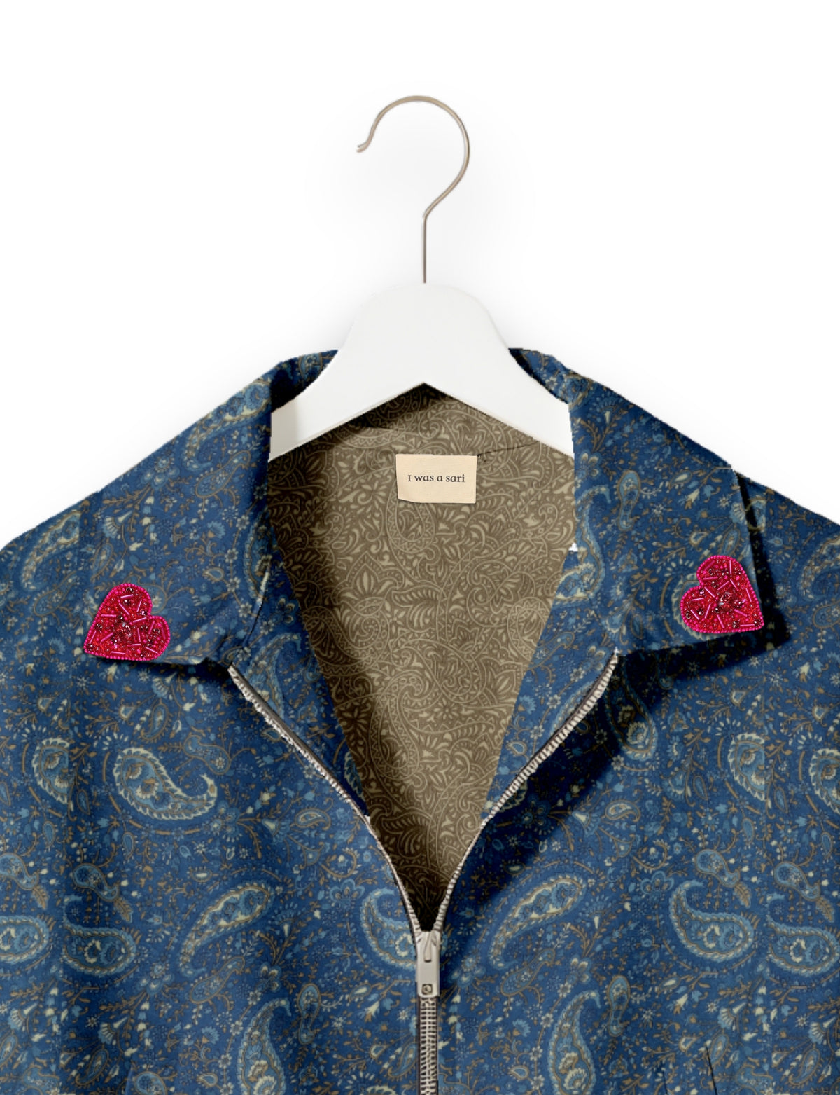 Love Bomber Jacket made from recycled fabric, featuring hand-stitched Aari embroidery. A unique piece of zero-waste clothing, part of the circular fashion movement. Designed with upcycled materials for a stylish yet environmentally friendly clothing choice.