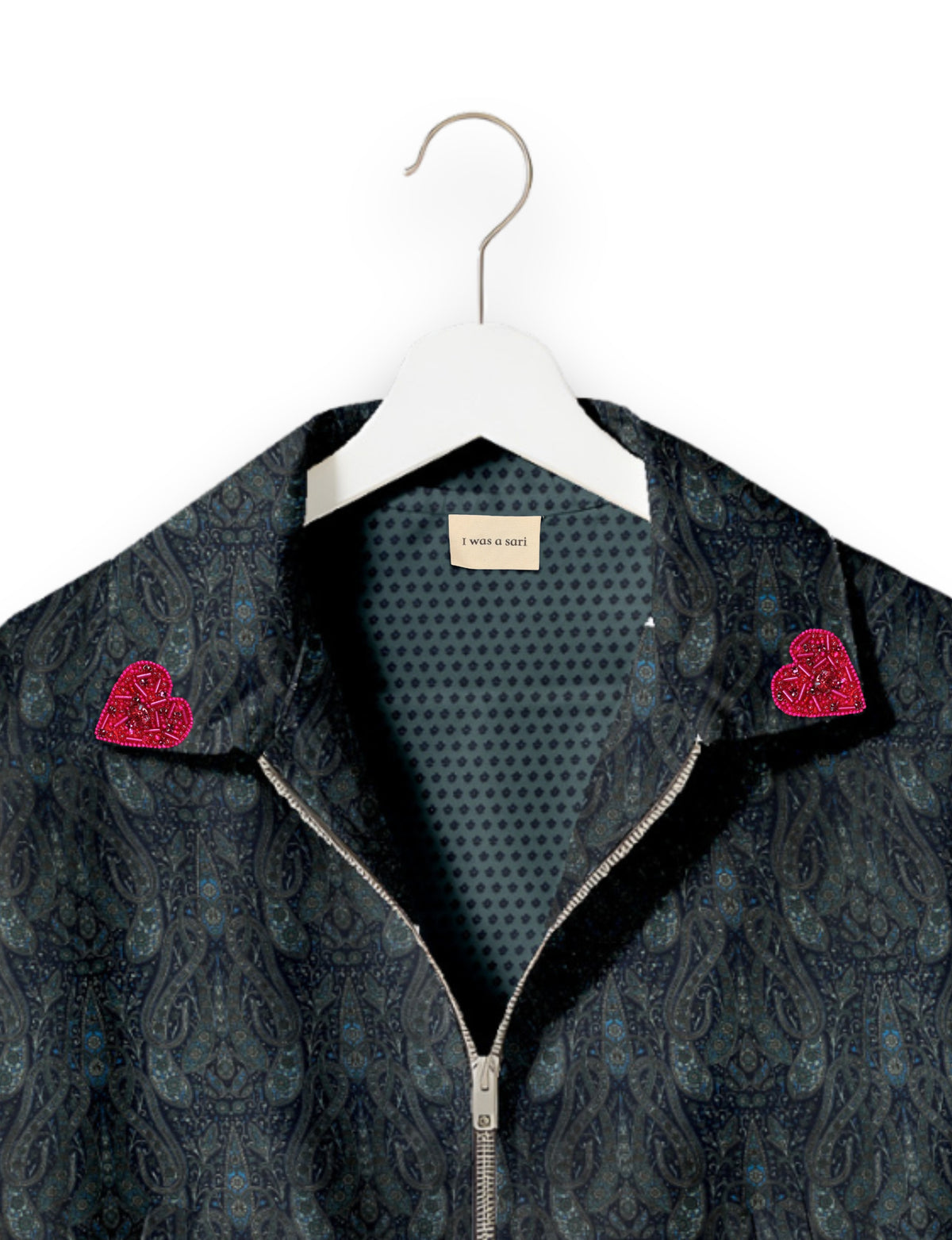 Love Bomber Jacket made from recycled fabric, featuring hand-stitched Aari embroidery. A unique piece of zero-waste clothing, part of the circular fashion movement. Designed with upcycled materials for a stylish yet environmentally friendly clothing choice.