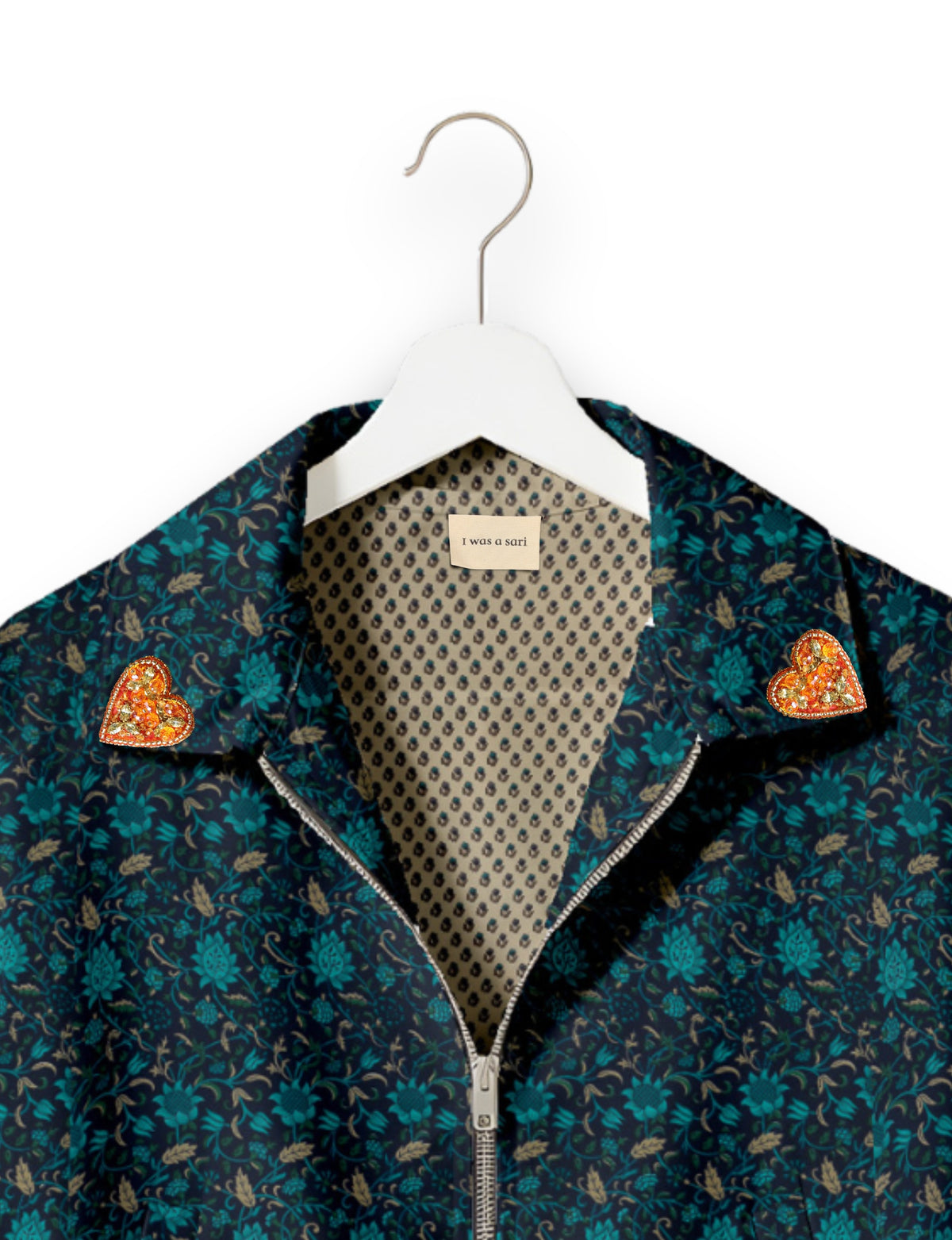 Love Bomber Jacket made from recycled fabric, featuring hand-stitched Aari embroidery. A unique piece of zero-waste clothing, part of the circular fashion movement. Designed with upcycled materials for a stylish yet environmentally friendly clothing choice.