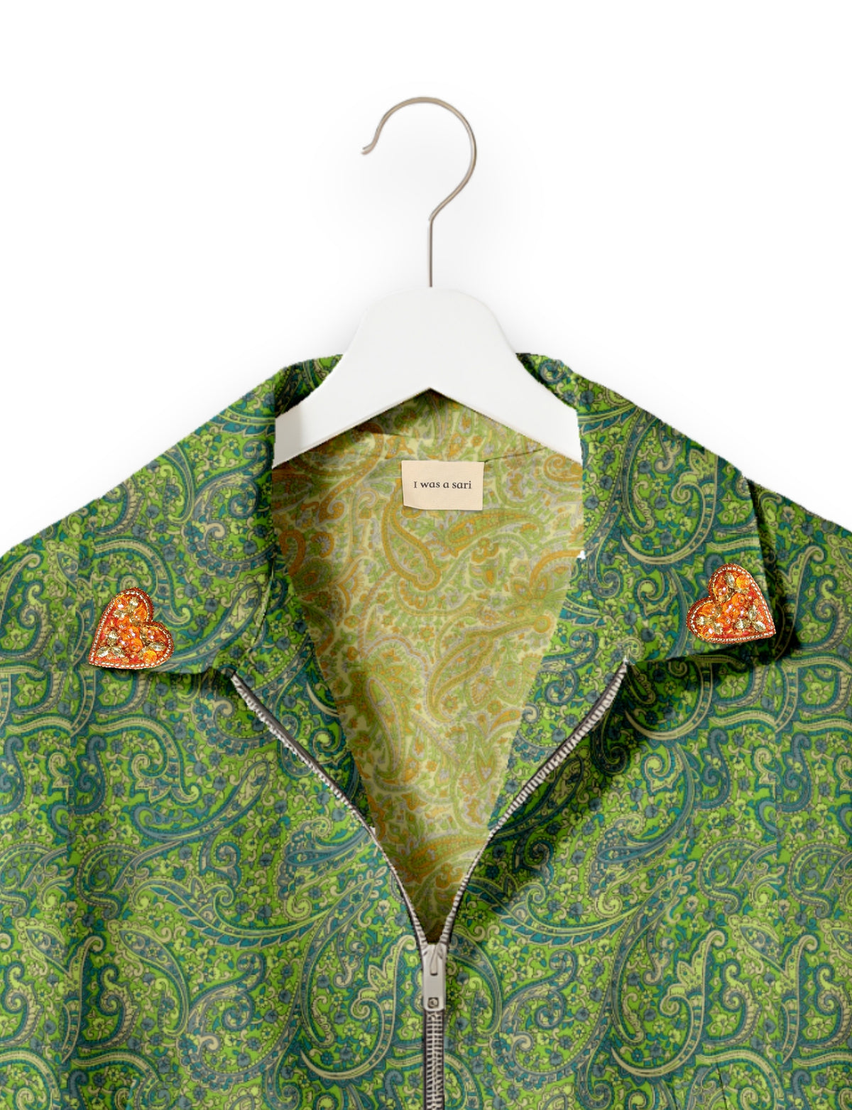 Love Bomber Jacket made from recycled fabric, featuring hand-stitched Aari embroidery. A unique piece of zero-waste clothing, part of the circular fashion movement. Designed with upcycled materials for a stylish yet environmentally friendly clothing choice.