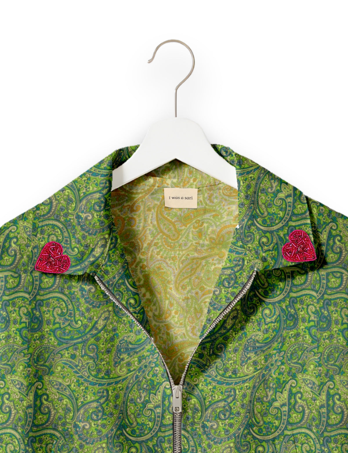 Love Bomber Jacket made from recycled fabric, featuring hand-stitched Aari embroidery. A unique piece of zero-waste clothing, part of the circular fashion movement. Designed with upcycled materials for a stylish yet environmentally friendly clothing choice.