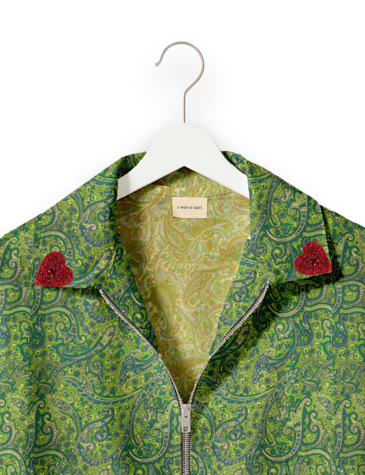 Love Bomber Jacket made from recycled fabric, featuring hand-stitched Aari embroidery. A unique piece of zero-waste clothing, part of the circular fashion movement. Designed with upcycled materials for a stylish yet environmentally friendly clothing choice.