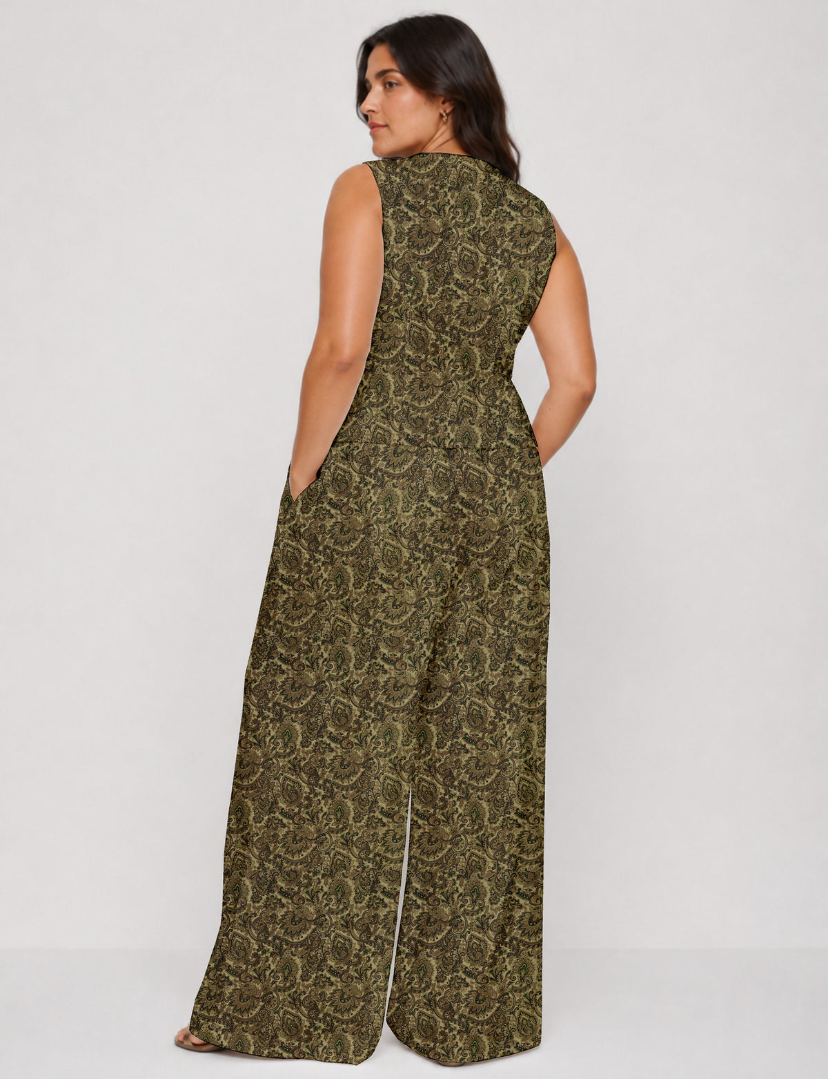 Women's tailored waistcoat set with a sleeveless V-neck button-front waistcoat and high-rise wide leg trousers in a coordinated matching outfit.