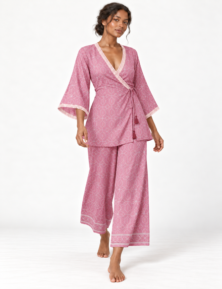 Pink tunic set with micro leaf pattern, turquoise trim on neckline and sleeves, and matching wide-leg pants with border print