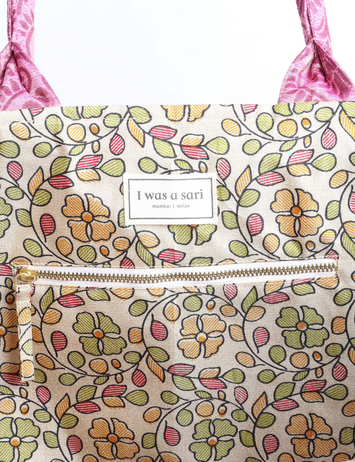 Grey floral patterned work tote bag with padded handles, front view, standing upright on white background