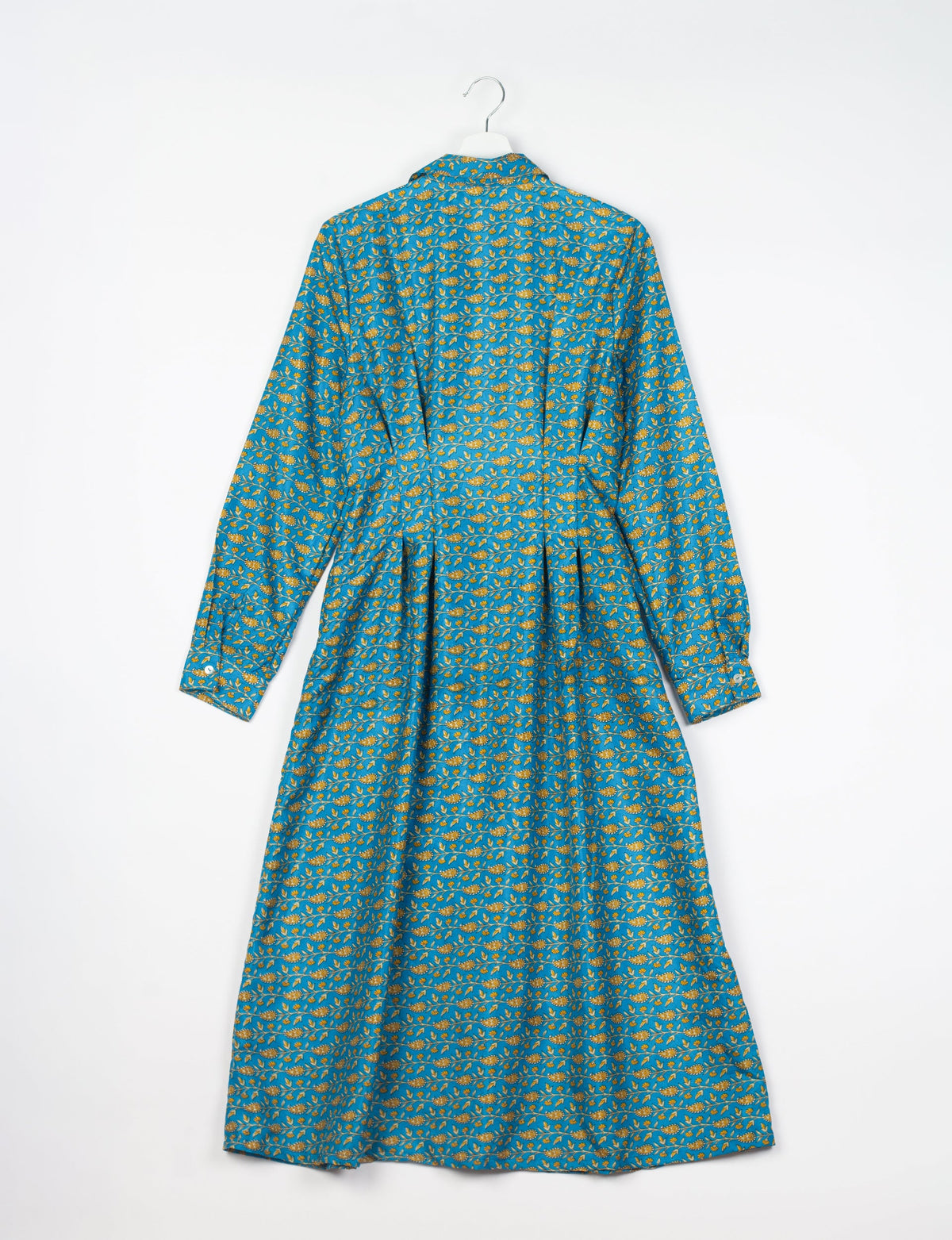 Midi shirt dress with cinched waist, crafted from recycled fabric. A sustainable women's clothing piece representing ethical fashion, eco-friendly products, and upcycled women's clothing.