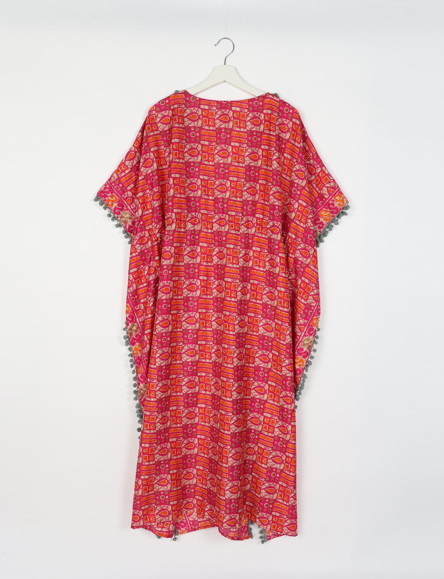 Breezy Kaftan with intricate contrasting lace and embroidery neckline, highlighting the essence of recycled sustainable fashion, slow fashion, and repurposed clothing. A perfect example of eco clothing and conscious clothing, made from recycled materials, promoting carbon neutral fashion and ethical fashion. Ideal for those seeking upcycled garments and natural clothing, as part of the sustainable apparel movement.