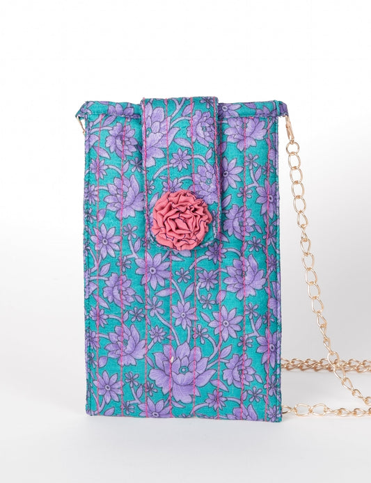 Stylish mobile phone pouch with florette embellishment. Made from sustainable materials for eco-friendly fashion.