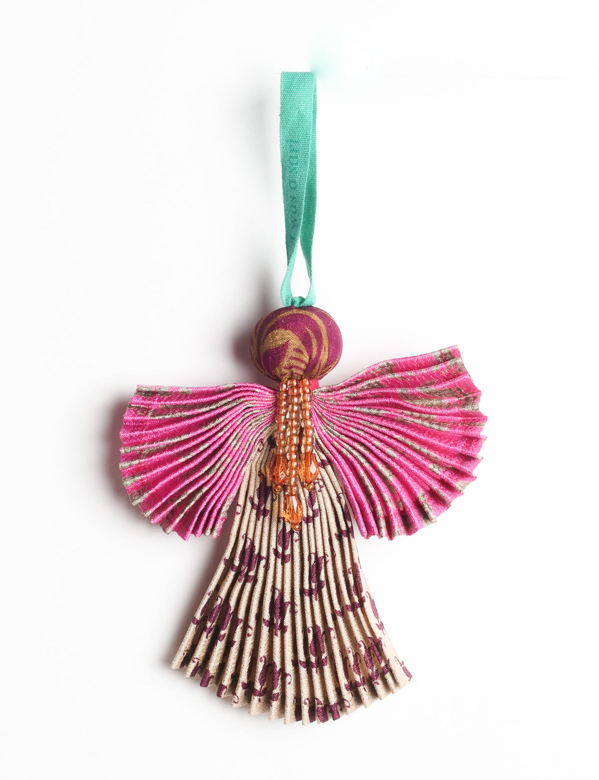 Angel Christmas Ornament made from upcycled saris, featuring pleated arms and body. A sustainable, eco-friendly holiday decoration, embodying recycled fashion and upcycling in festive style.