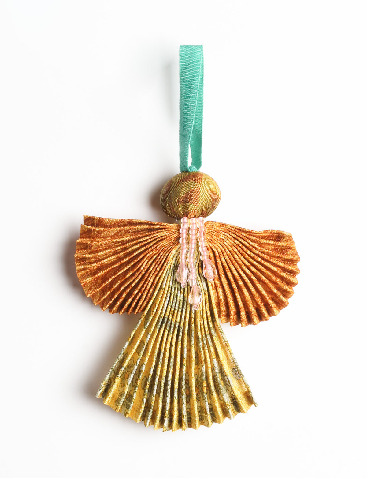 Angel Christmas Ornament made from upcycled saris, featuring pleated arms and body. A sustainable, eco-friendly holiday decoration, embodying recycled fashion and upcycling in festive style.