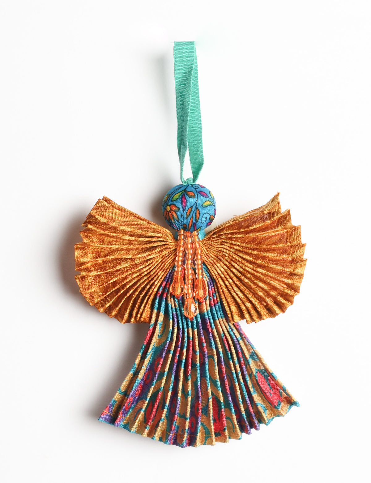 Angel Christmas Ornament made from upcycled saris, featuring pleated arms and body. A sustainable, eco-friendly holiday decoration, embodying recycled fashion and upcycling in festive style.
