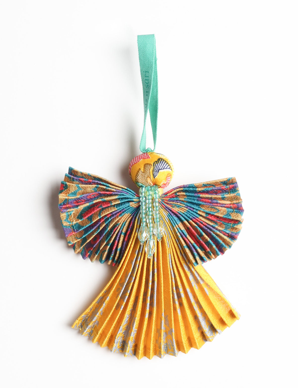 Angel Christmas Ornament made from upcycled saris, featuring pleated arms and body. A sustainable, eco-friendly holiday decoration, embodying recycled fashion and upcycling in festive style.