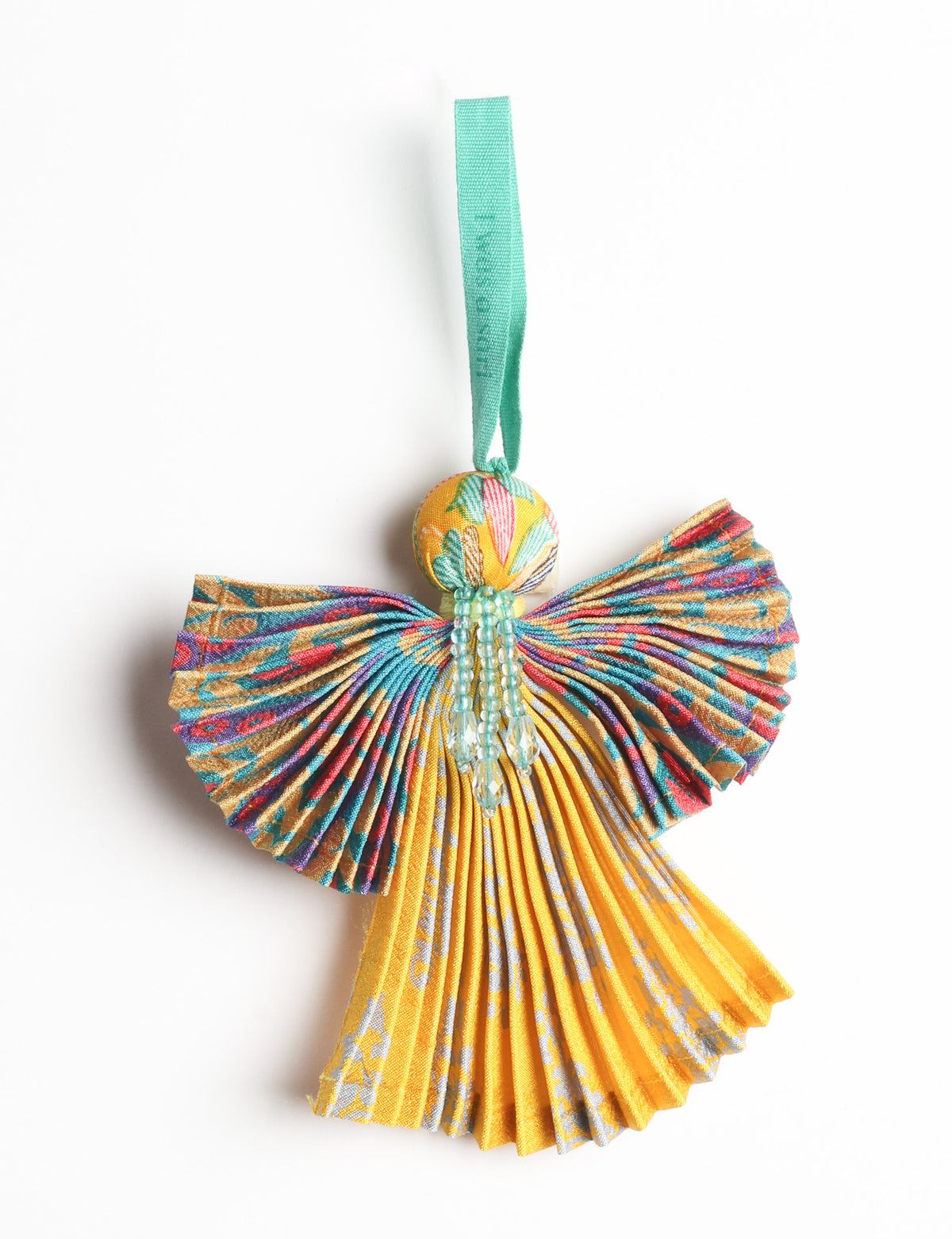 Angel Christmas Ornament made from upcycled saris, featuring pleated arms and body. A sustainable, eco-friendly holiday decoration, embodying recycled fashion and upcycling in festive style.