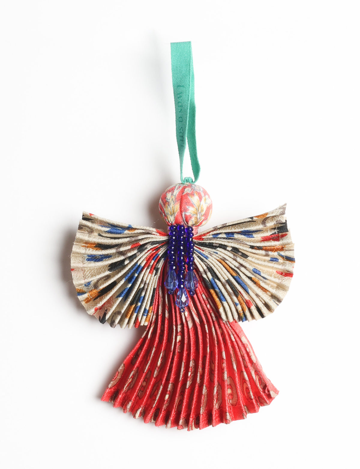 Angel Christmas Ornament made from upcycled saris, featuring pleated arms and body. A sustainable, eco-friendly holiday decoration, embodying recycled fashion and upcycling in festive style.