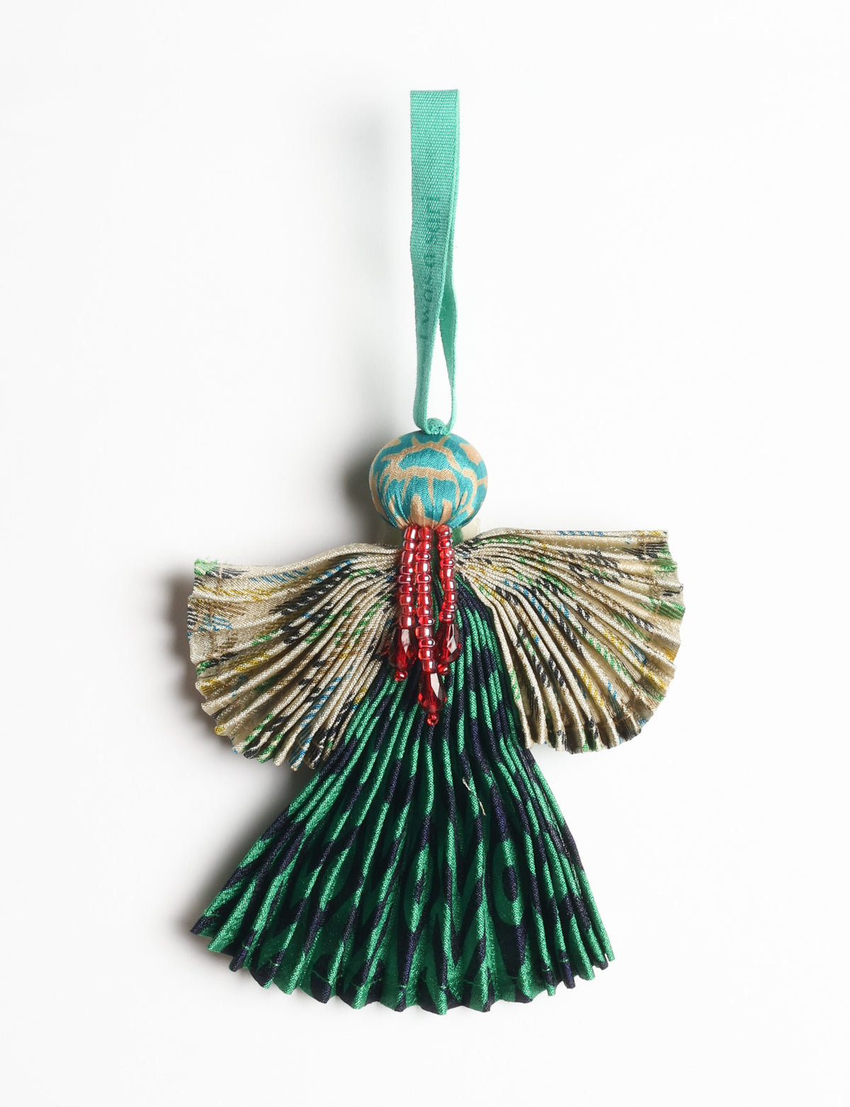 Angel Christmas Ornament made from upcycled saris, featuring pleated arms and body. A sustainable, eco-friendly holiday decoration, embodying recycled fashion and upcycling in festive style.