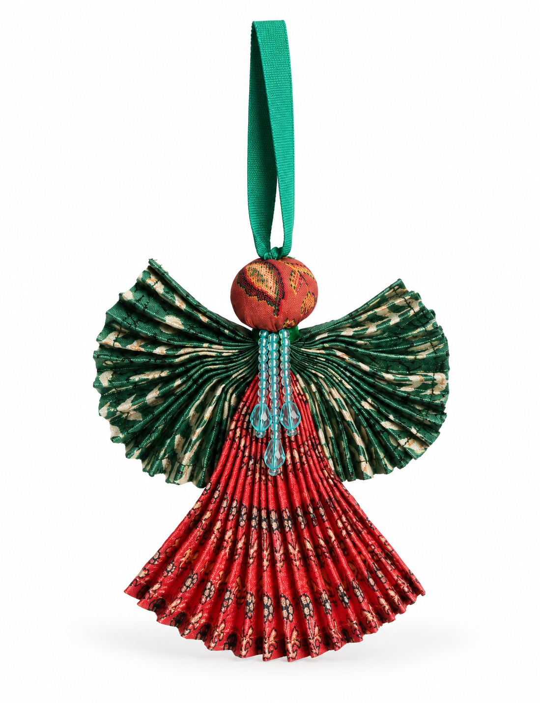 Angel Christmas Ornament made from upcycled saris, featuring pleated arms and body. A sustainable, eco-friendly holiday decoration, embodying recycled fashion and upcycling in festive style.