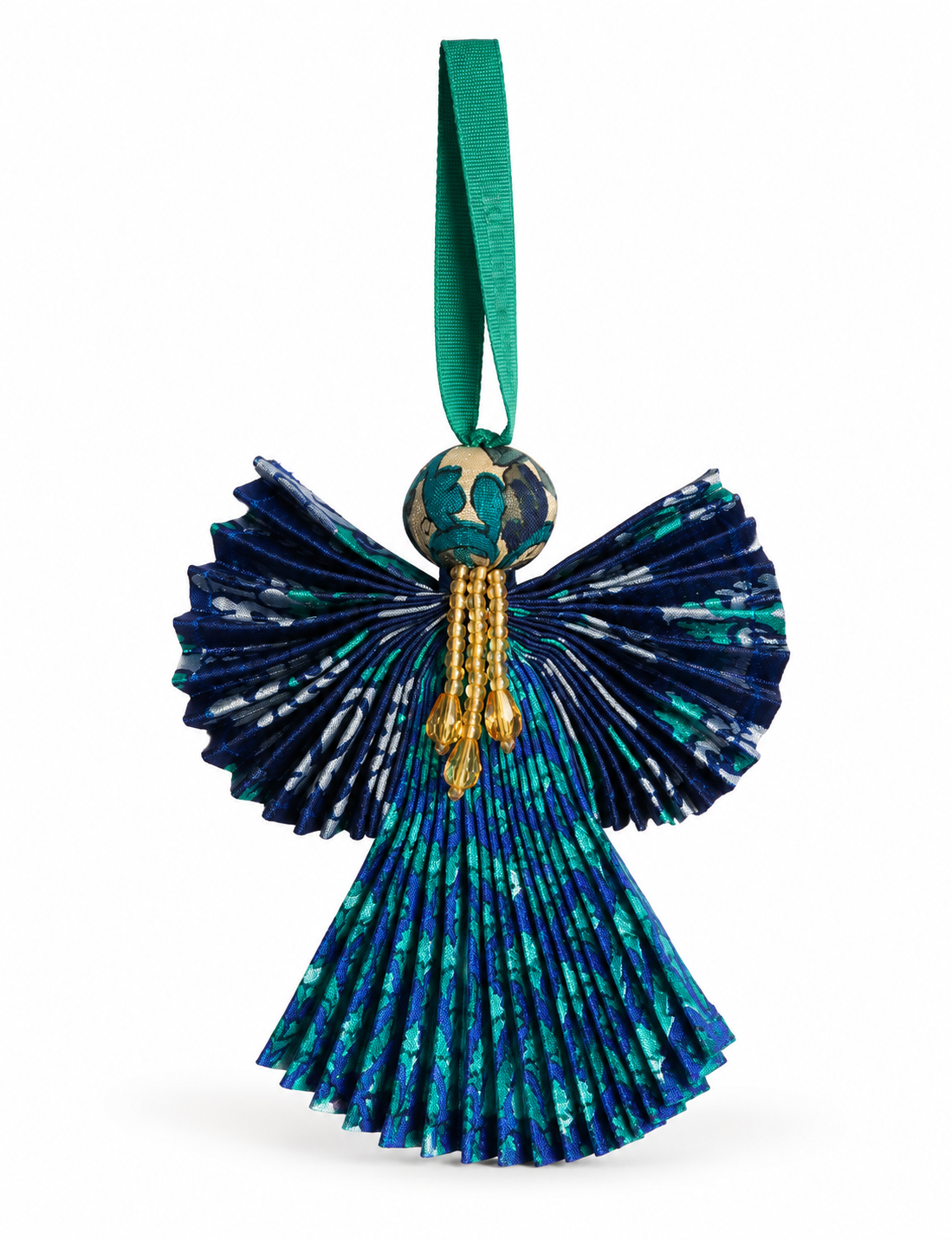 Angel Christmas Ornament made from upcycled saris, featuring pleated arms and body. A sustainable, eco-friendly holiday decoration, embodying recycled fashion and upcycling in festive style.