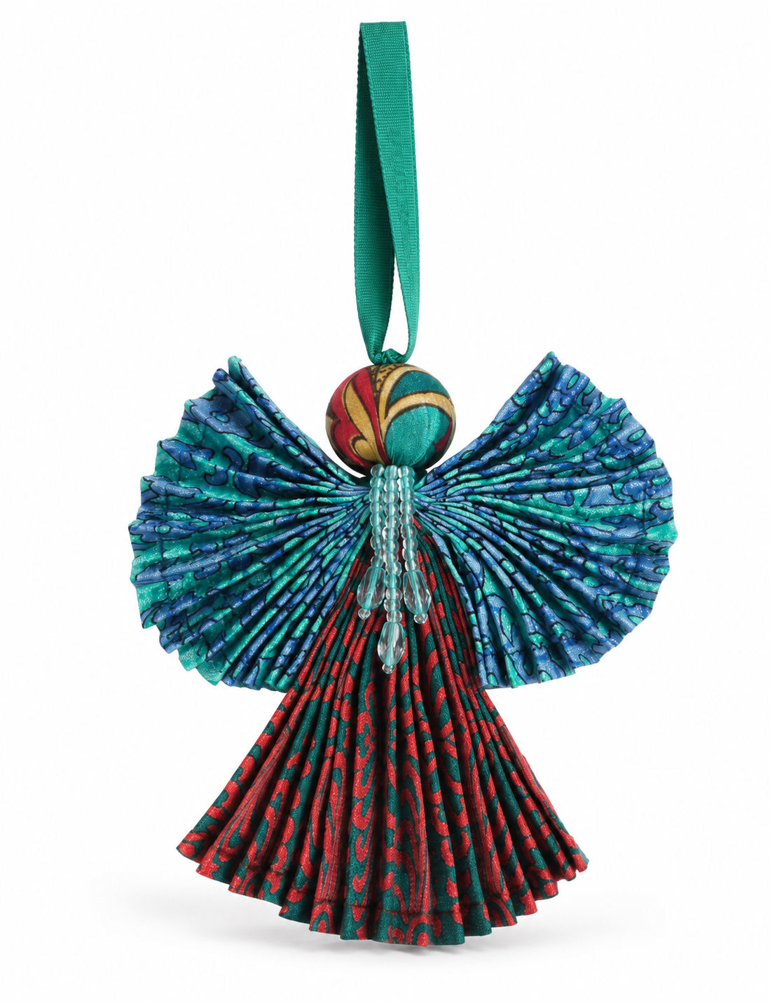Angel Christmas Ornament made from upcycled saris, featuring pleated arms and body. A sustainable, eco-friendly holiday decoration, embodying recycled fashion and upcycling in festive style.