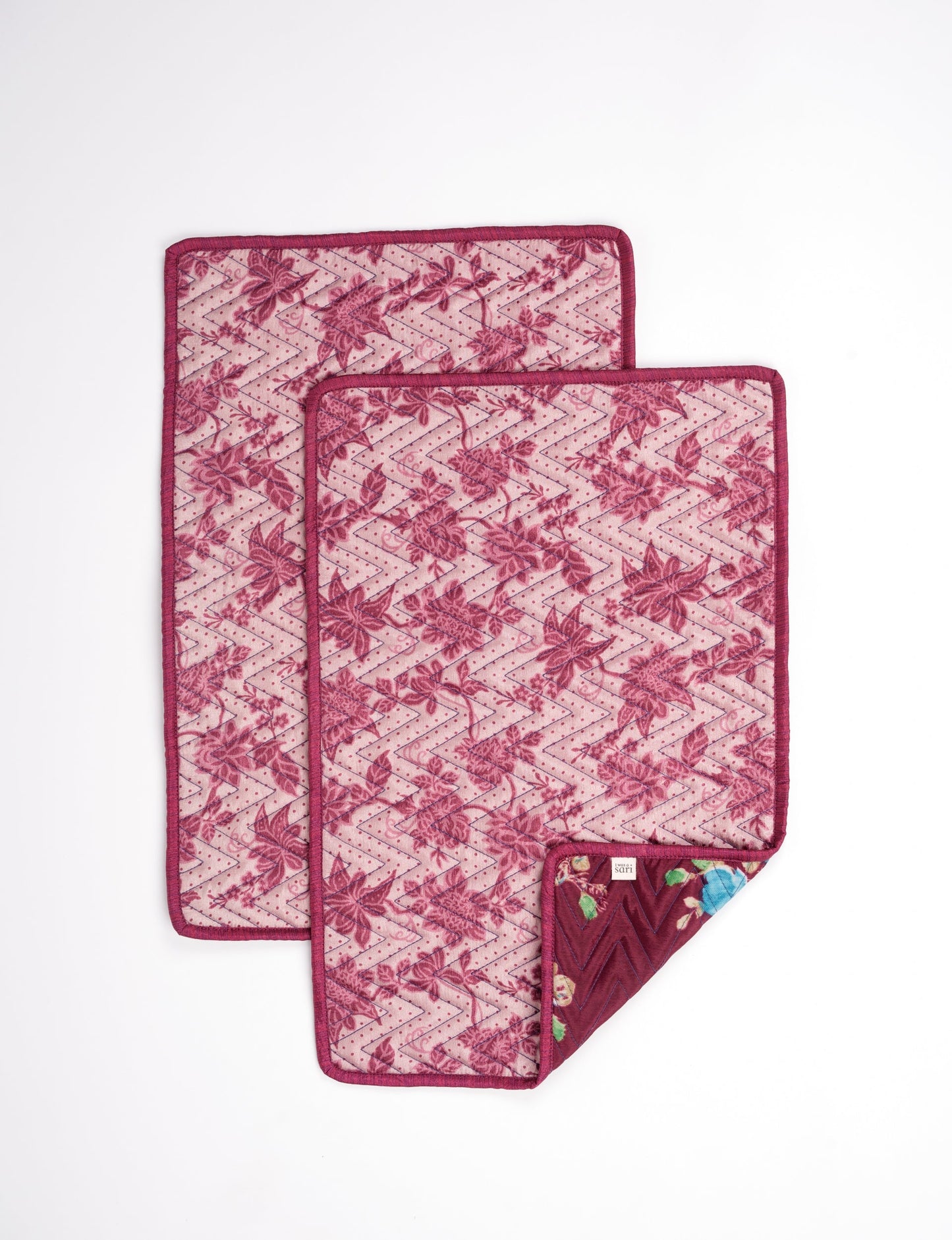 Quilted rectangular placement set of 2 made from upcycled saris and cotton canvas, eco-friendly dining accessories for ethical consumers.
