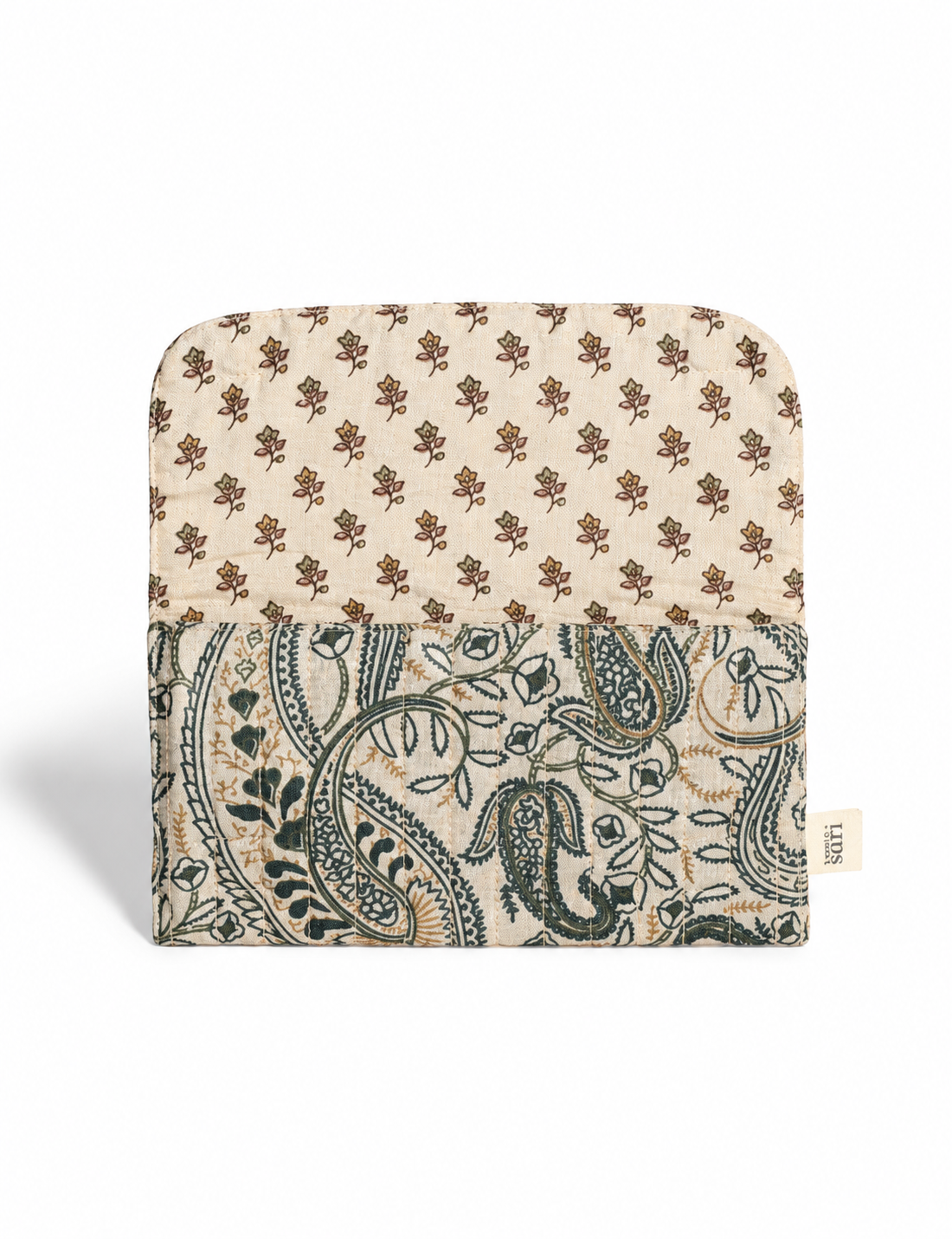 Quilted sunglasses case made from recycled sari products, featuring a secure magnetic closure. A chic example of ethical fashion, conscious clothing, and carbon neutral fashion. Protect your sunglasses while embracing circular fashion and upcycled garments.