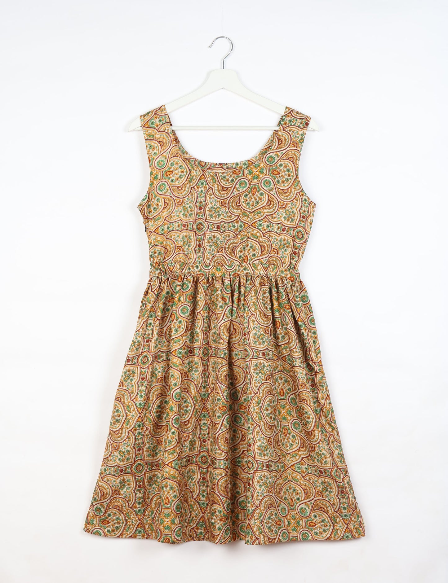 Upcycled women’s fit and flare dress made from recycled sari products, showcasing environment friendly clothing and green fashion design — an eco clothing choice for conscious clothing lovers and sustainable women’s fashion enthusiasts.