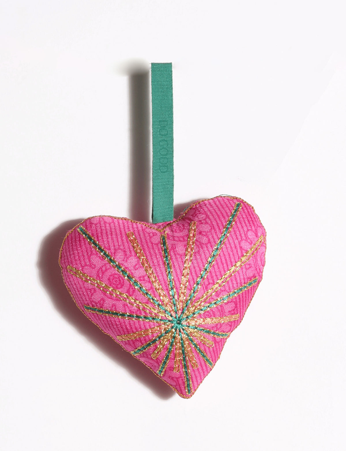 Timeless Heart Ornament / DO GOOD handcrafted from upcycled sari fabric, featuring silk and metallic gold thread embroidery with a hanging loop.