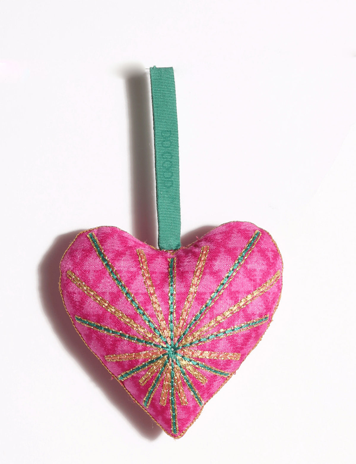 Timeless Heart Ornament / DO GOOD handcrafted from upcycled sari fabric, featuring silk and metallic gold thread embroidery with a hanging loop.