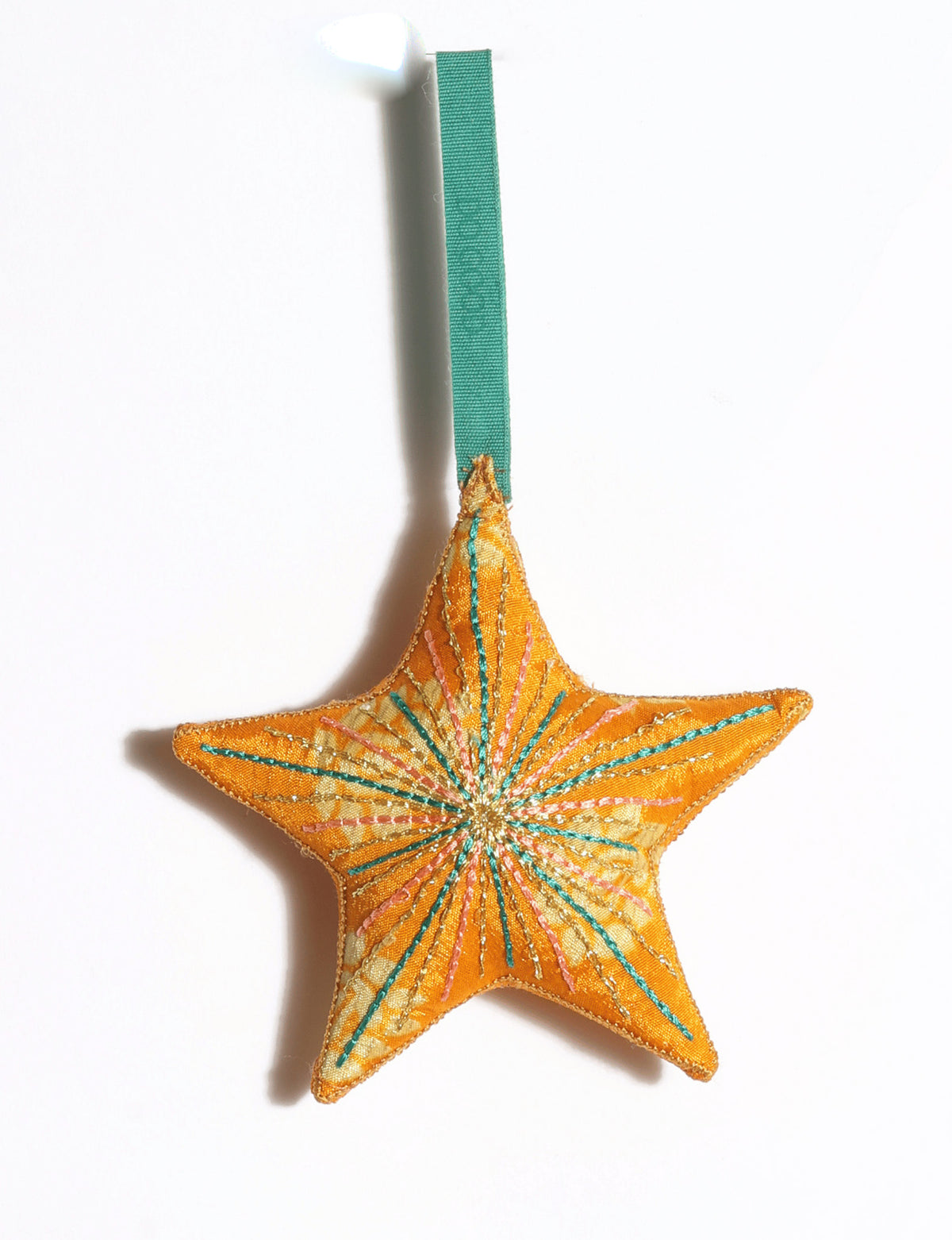 Handmade star ornament made from preloved saris with vibrant silk and gold thread embroidery and DO GOOD detailing.