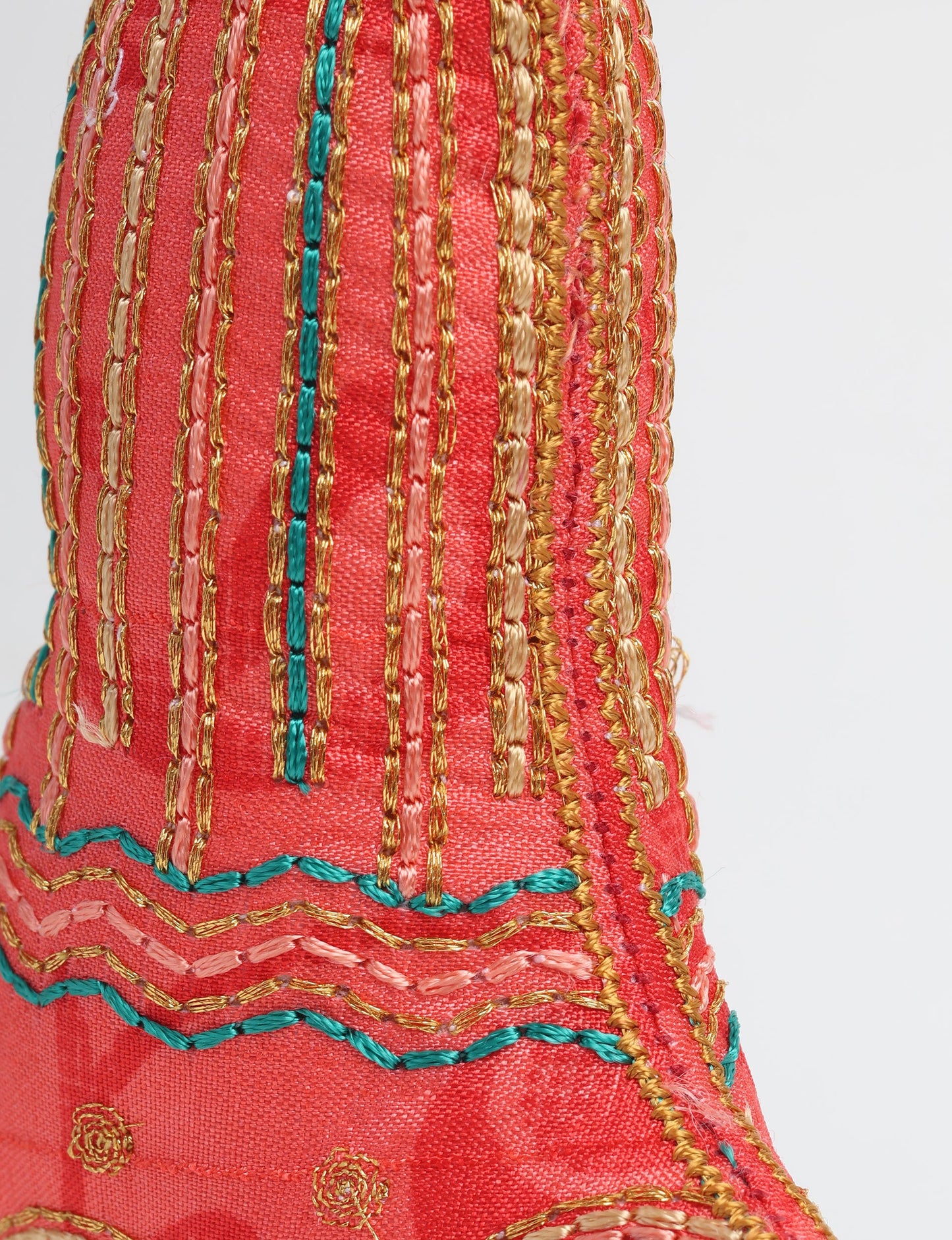 Upcycled sari bell ornament with hand embroidery and organic cotton filling — upcycled clothing, recycled sari products, eco clothing, recycled sustainable fashion, green fashion, repurposed clothing, earth friendly clothing, and conscious clothing accessory for sustainable women's clothing collections.