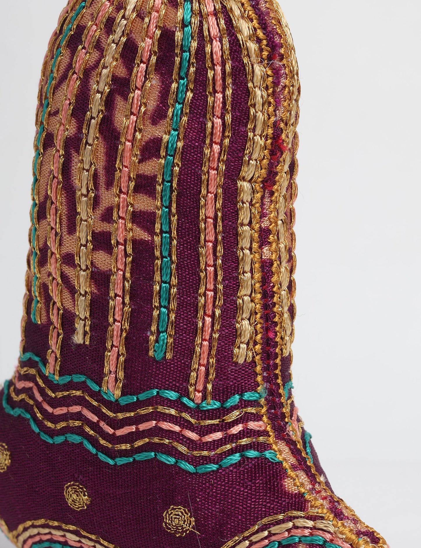 Upcycled sari bell ornament with hand embroidery and organic cotton filling — upcycled clothing, recycled sari products, eco clothing, recycled sustainable fashion, green fashion, repurposed clothing, earth friendly clothing, and conscious clothing accessory for sustainable women's clothing collections.