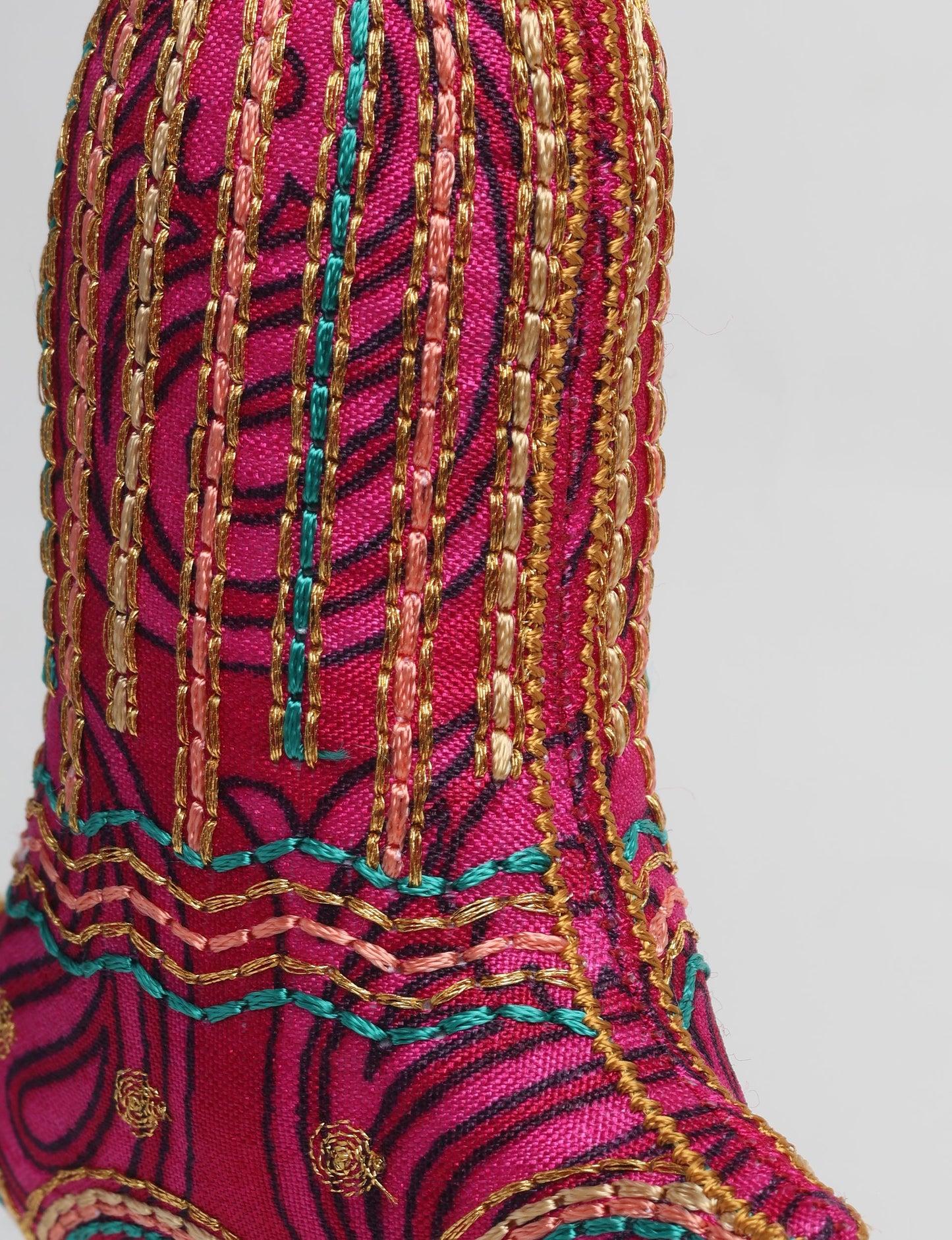 Upcycled sari bell ornament with hand embroidery and organic cotton filling — upcycled clothing, recycled sari products, eco clothing, recycled sustainable fashion, green fashion, repurposed clothing, earth friendly clothing, and conscious clothing accessory for sustainable women's clothing collections.