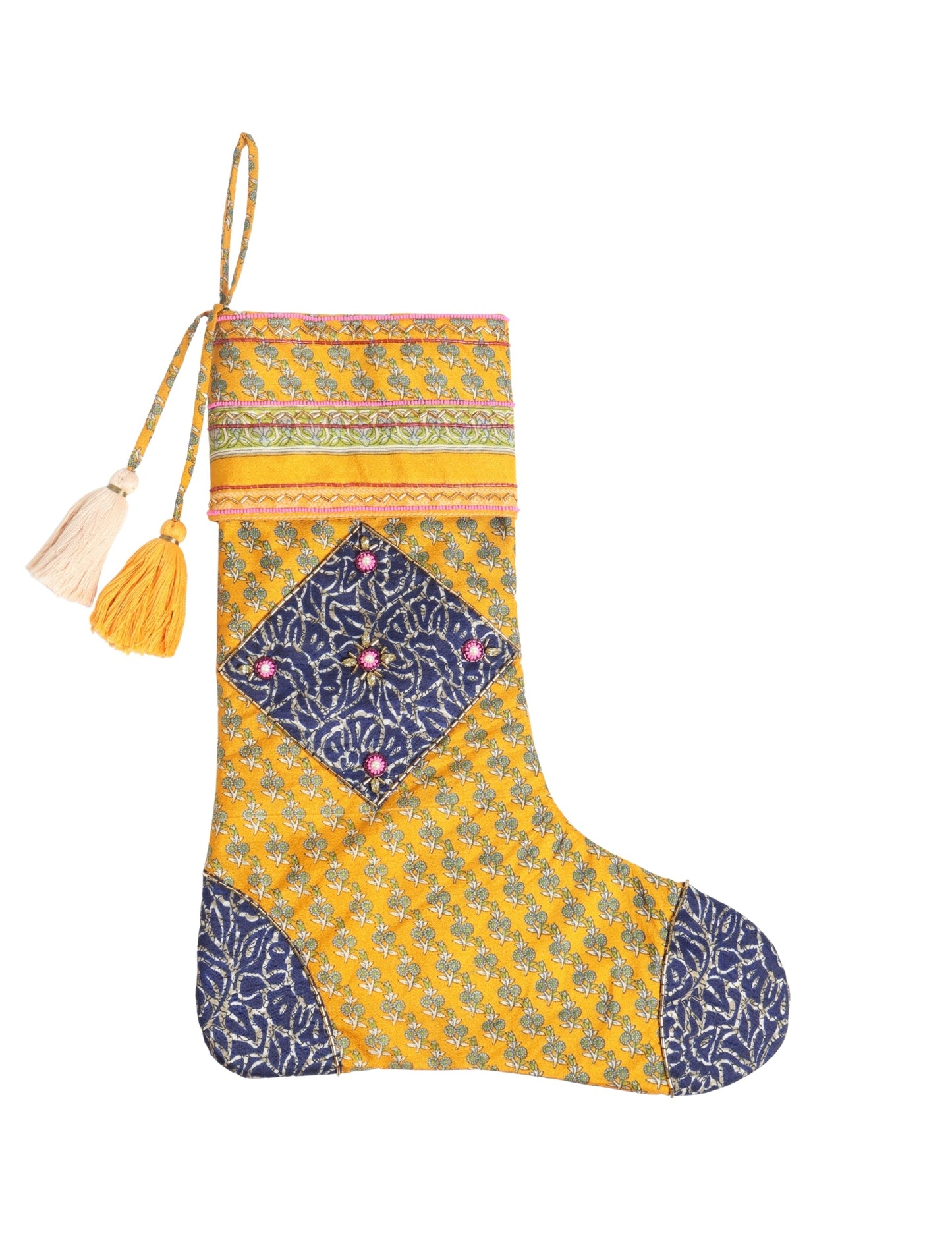 Cheer Christmas stocking made from recycled sari fabric with patchwork, gold hand embroidery, stones, sequins, pearls, glass beads, heart charm, and tassel — upcycled women’s clothing, conscious clothing, green fashion, upcycling fashion, environmentally friendly clothing, products made from textile waste, repurposed clothing, carbon neutral fashion, eco clothing, natural clothing.