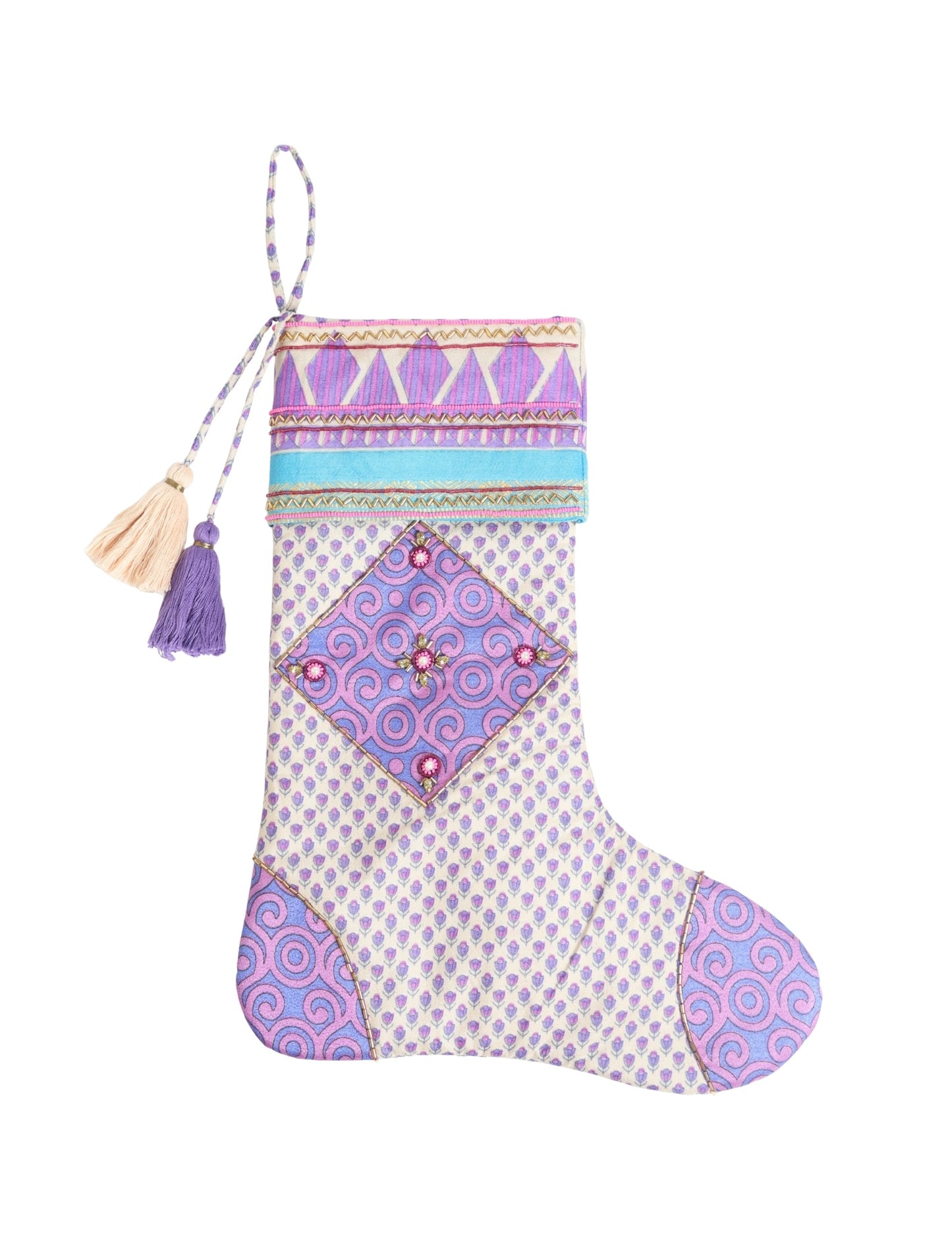 Cheer Christmas stocking made from recycled sari fabric with patchwork, gold hand embroidery, stones, sequins, pearls, glass beads, heart charm, and tassel — upcycled women’s clothing, conscious clothing, green fashion, upcycling fashion, environmentally friendly clothing, products made from textile waste, repurposed clothing, carbon neutral fashion, eco clothing, natural clothing.