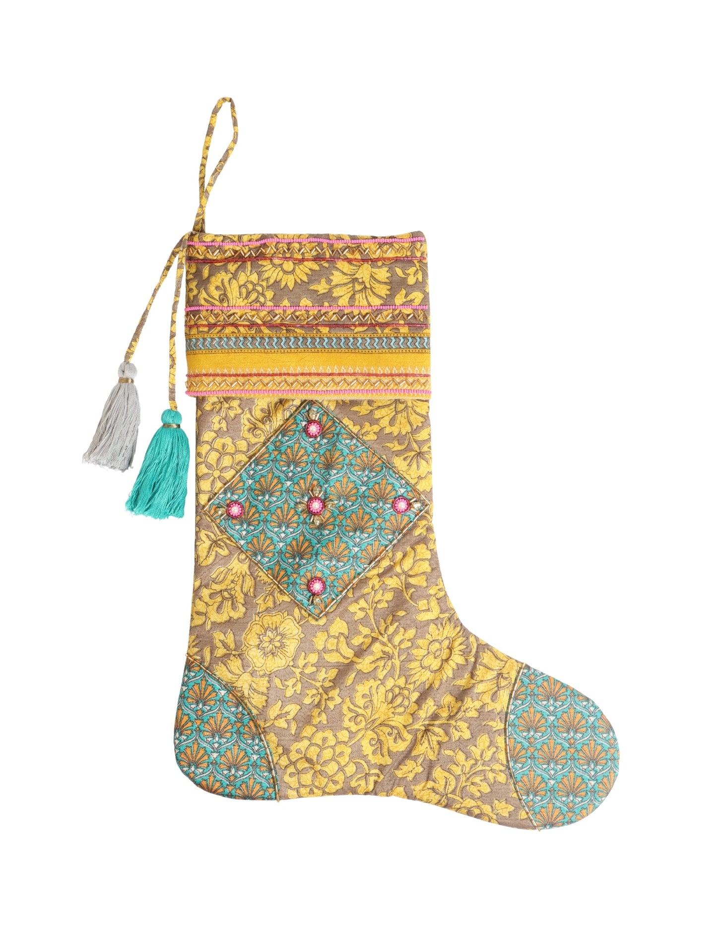 Cheer Christmas stocking made from recycled sari fabric with patchwork, gold hand embroidery, stones, sequins, pearls, glass beads, heart charm, and tassel — upcycled women’s clothing, conscious clothing, green fashion, upcycling fashion, environmentally friendly clothing, products made from textile waste, repurposed clothing, carbon neutral fashion, eco clothing, natural clothing.
