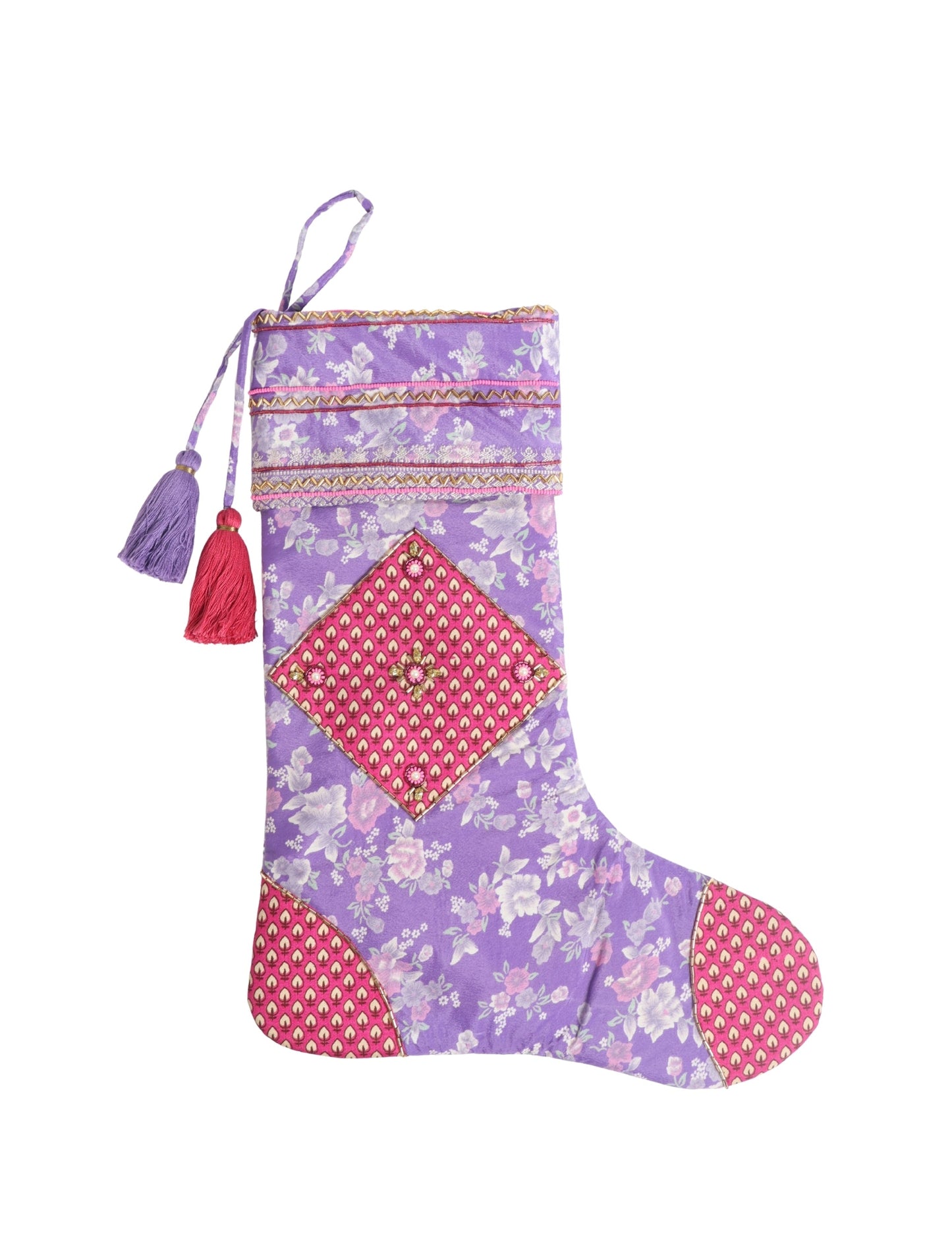 Cheer Christmas stocking made from recycled sari fabric with patchwork, gold hand embroidery, stones, sequins, pearls, glass beads, heart charm, and tassel — upcycled women’s clothing, conscious clothing, green fashion, upcycling fashion, environmentally friendly clothing, products made from textile waste, repurposed clothing, carbon neutral fashion, eco clothing, natural clothing.