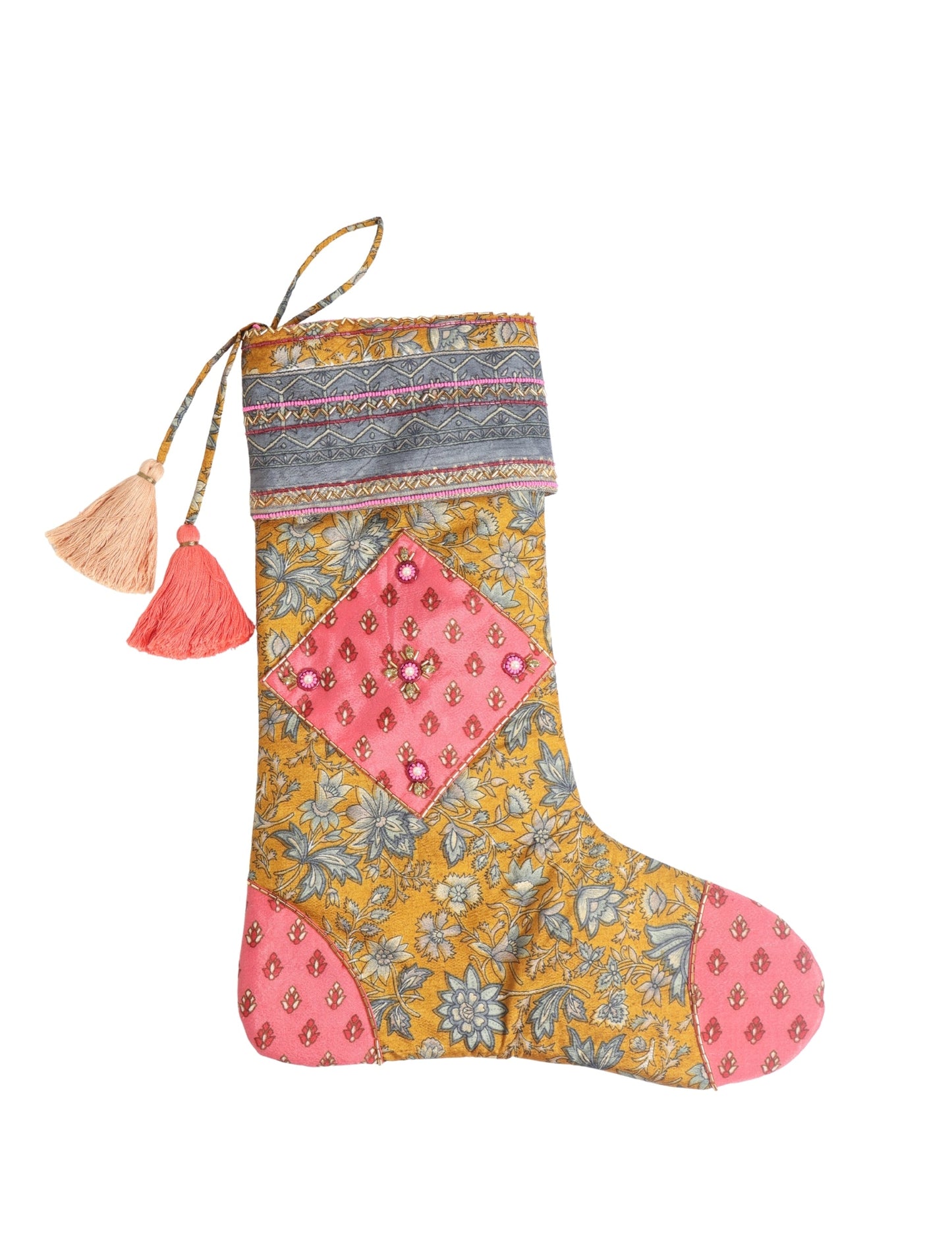 Cheer Christmas stocking made from recycled sari fabric with patchwork, gold hand embroidery, stones, sequins, pearls, glass beads, heart charm, and tassel — upcycled women’s clothing, conscious clothing, green fashion, upcycling fashion, environmentally friendly clothing, products made from textile waste, repurposed clothing, carbon neutral fashion, eco clothing, natural clothing.