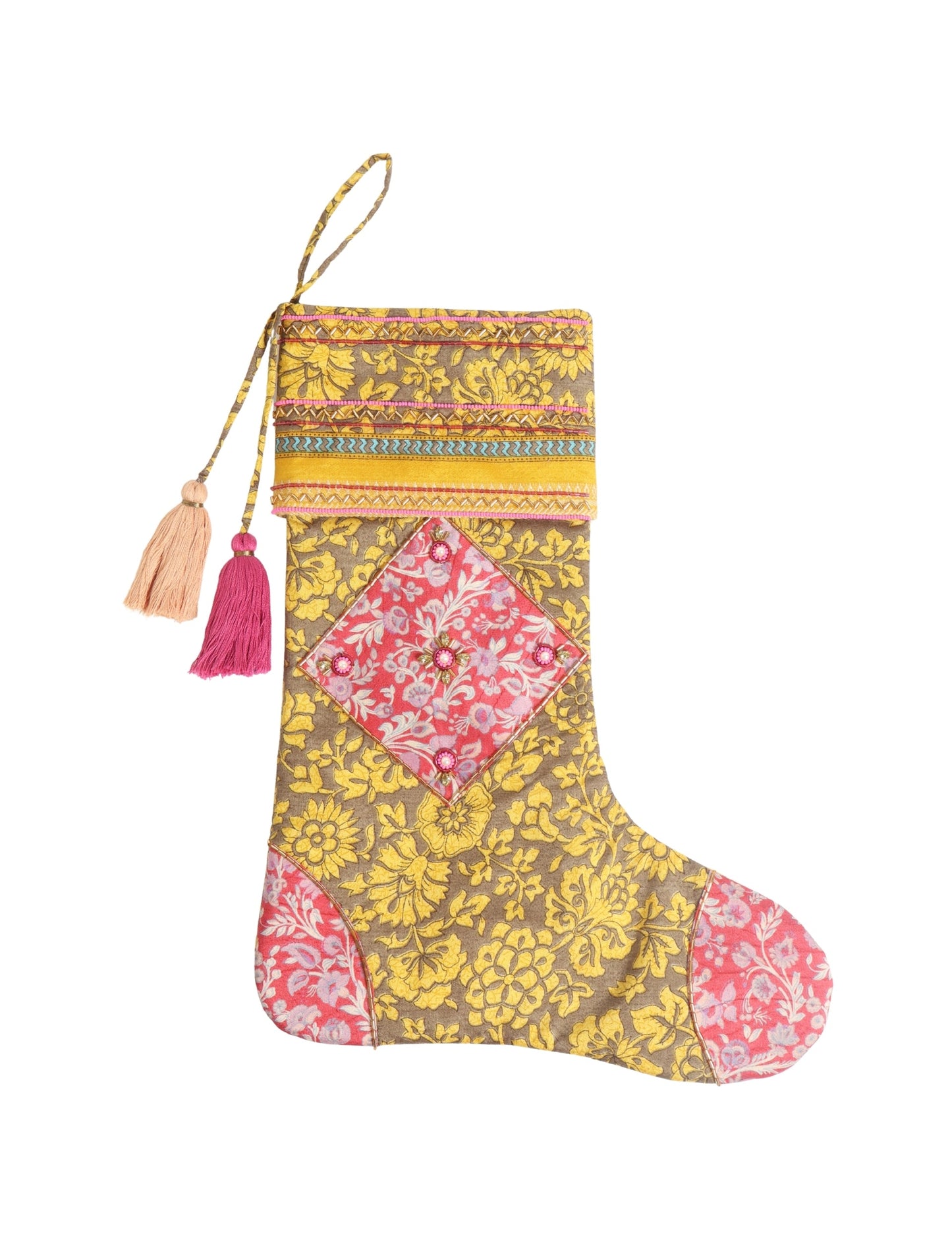 Cheer Christmas stocking made from recycled sari fabric with patchwork, gold hand embroidery, stones, sequins, pearls, glass beads, heart charm, and tassel — upcycled women’s clothing, conscious clothing, green fashion, upcycling fashion, environmentally friendly clothing, products made from textile waste, repurposed clothing, carbon neutral fashion, eco clothing, natural clothing.