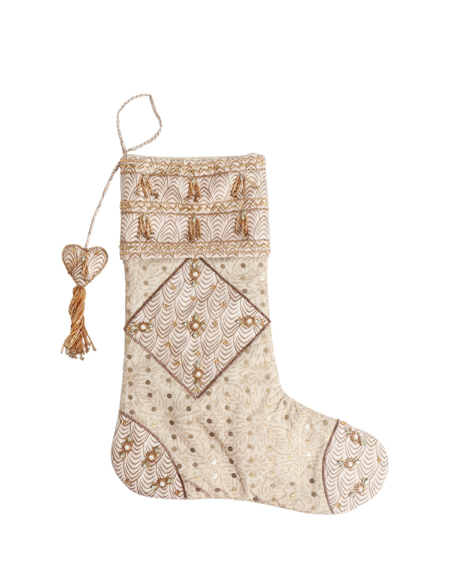 Ivory and cream upcycled sari Christmas stocking with gold hand embroidery, patchwork detailing, and a beaded heart charm tassel — crafted from recycled materials and inspired by circular, fair trade, and eco clothing fashion.