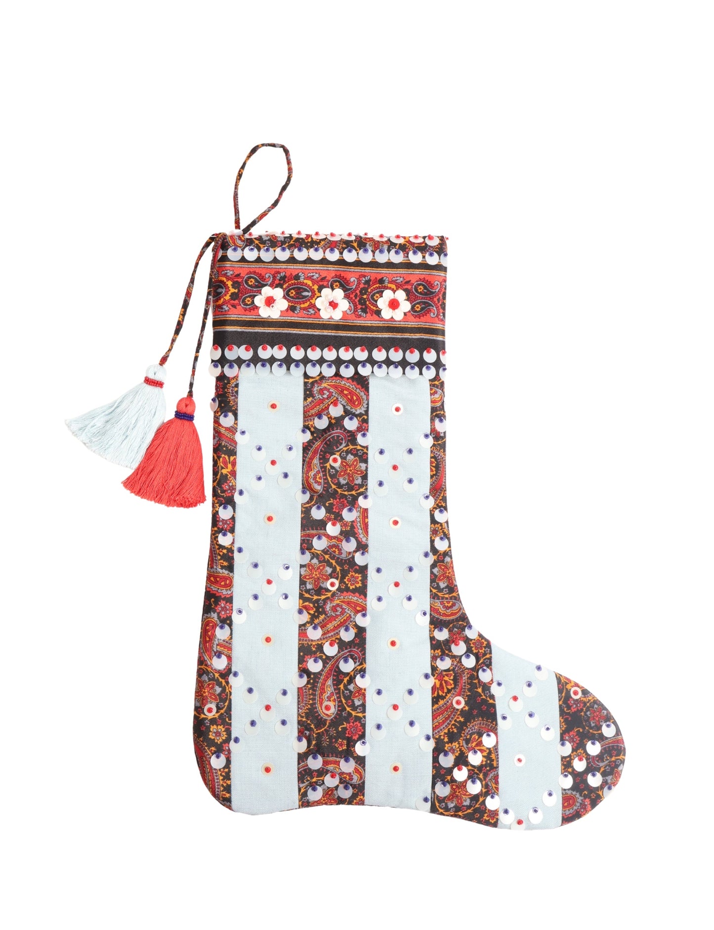 Upcycled sari Christmas stocking with striped cotton accents and hand-embroidered embellishments, reflecting green fashion, zero-waste clothing, recycled fashion, repurposed clothing, carbon-neutral fashion, natural clothing, conscious clothing, and sustainable women’s clothing.