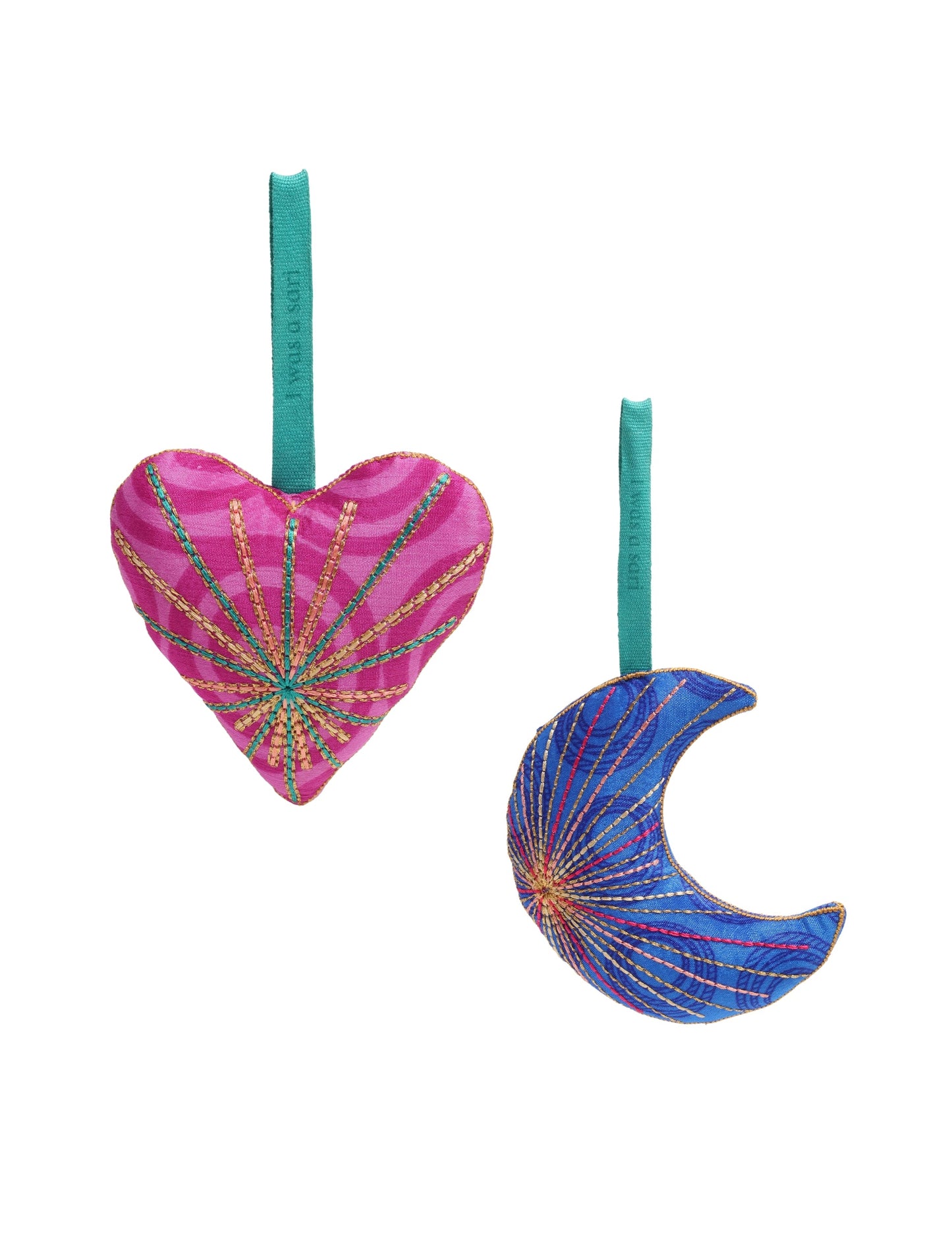 Handcrafted upcycled sari ornaments set of two made from recycled fabric and organic cotton filling, featuring vibrant embroidery with metallic gold thread; an elegant piece of recycled fashion, conscious clothing, sustainable women’s clothing, and circular fashion that supports eco clothing and carbon-neutral fashion.