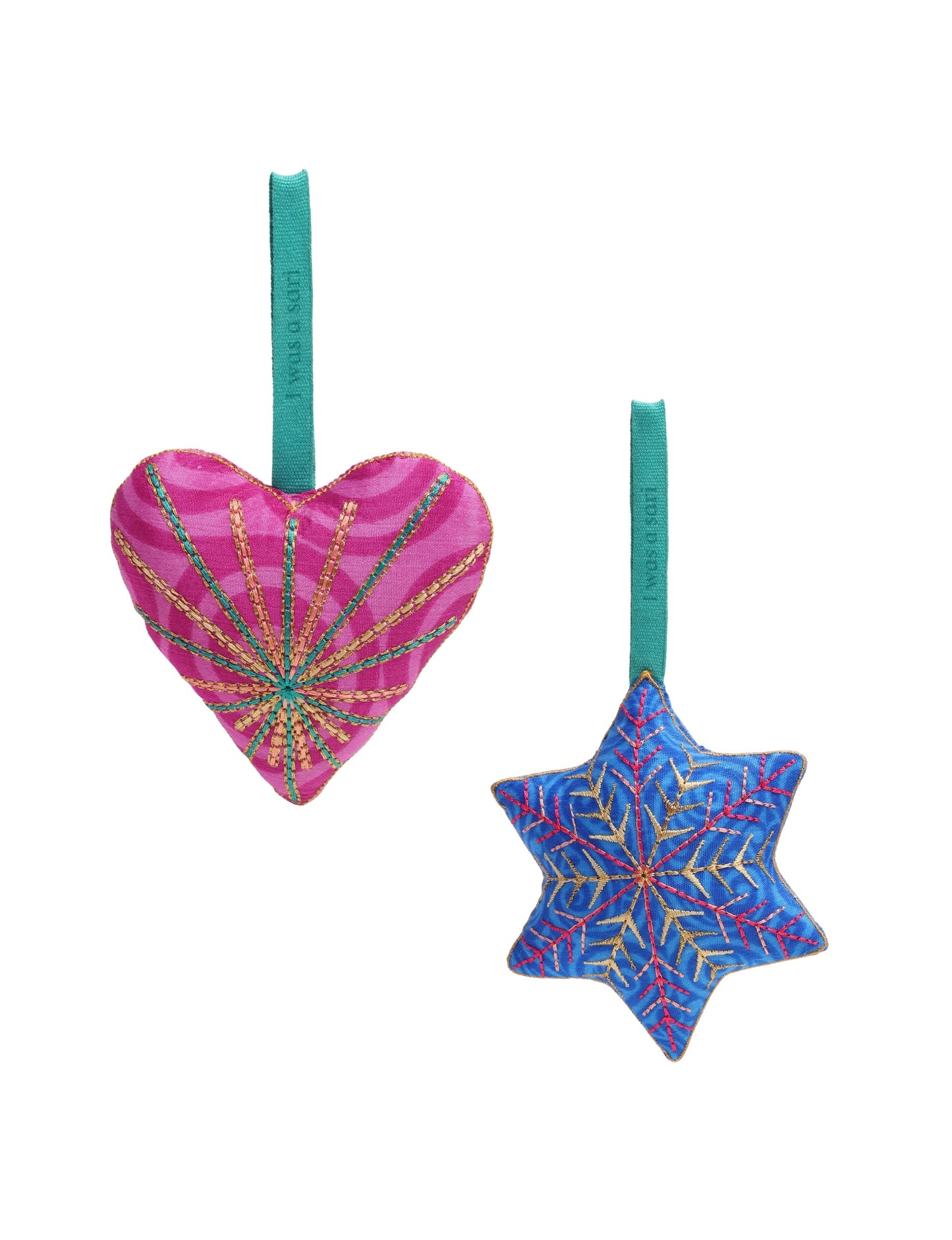 Handcrafted upcycled sari ornaments set of two made from recycled fabric and organic cotton filling, featuring vibrant embroidery with metallic gold thread; an elegant piece of recycled fashion, conscious clothing, sustainable women’s clothing, and circular fashion that supports eco clothing and carbon-neutral fashion.