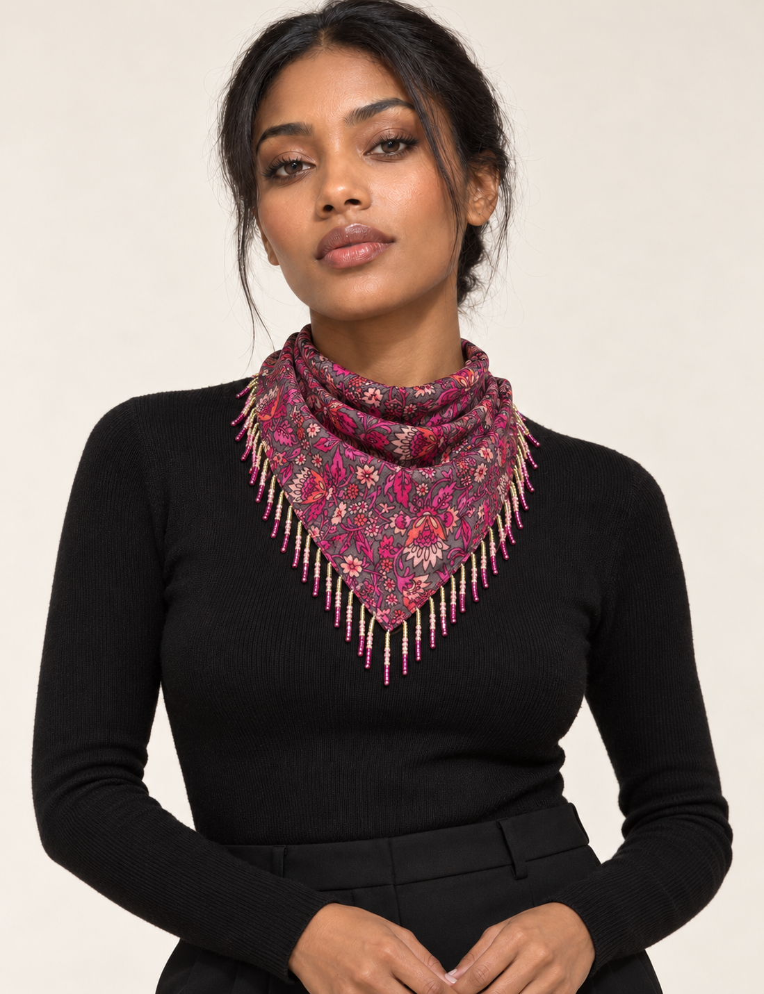 Square lightweight neck scarf with delicate beaded fringes along the edges and neatly stitched finishing, designed for versatile styling.